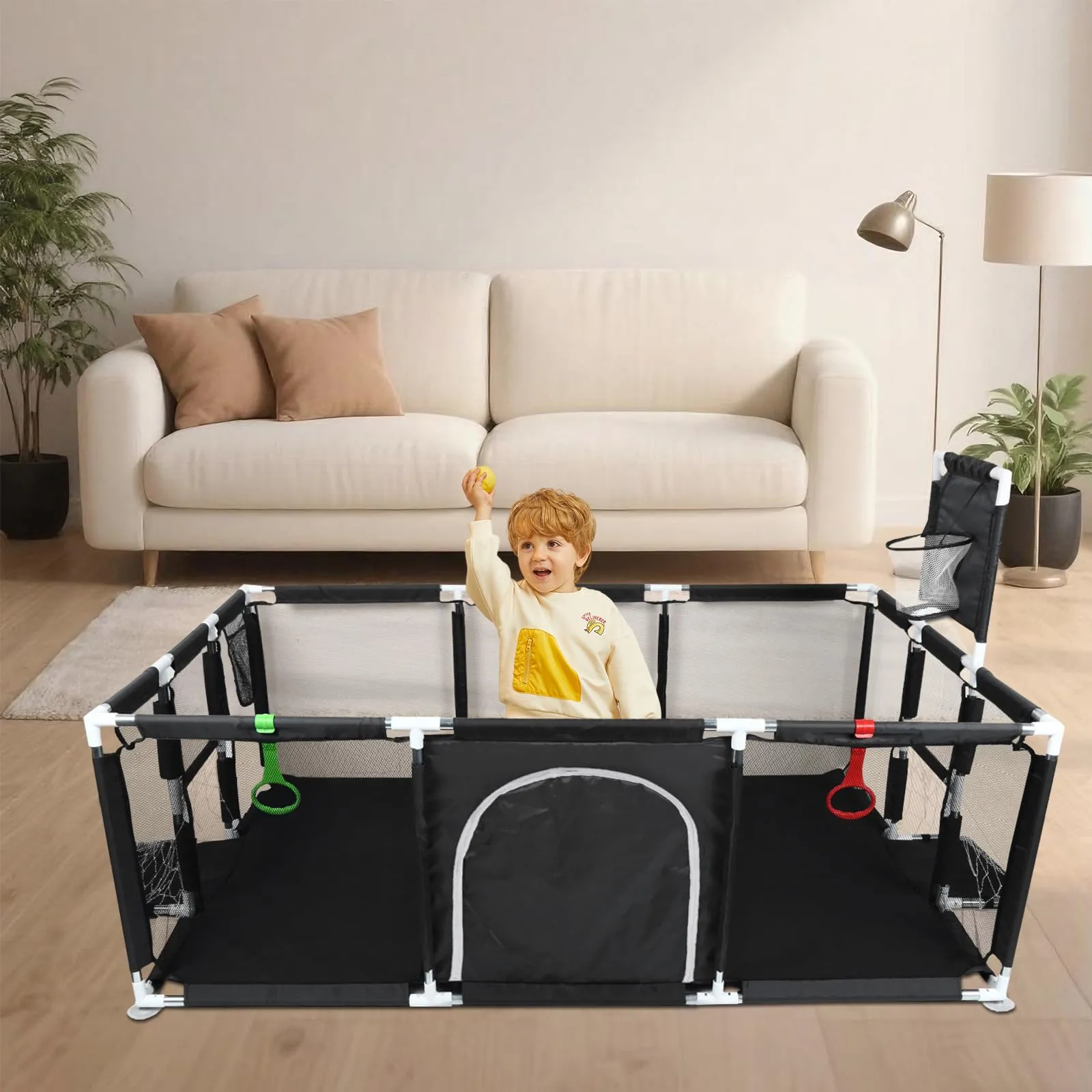 Parco per cuccioli con porta, parco per cuccioli o cani piccoli, recinzione solida in tessuto spesso e rete in nylon ad alta resistenza, lavabile in lavatrice, interno/esterno, 180 x 120 x 66 cm (nero - immagine 9
