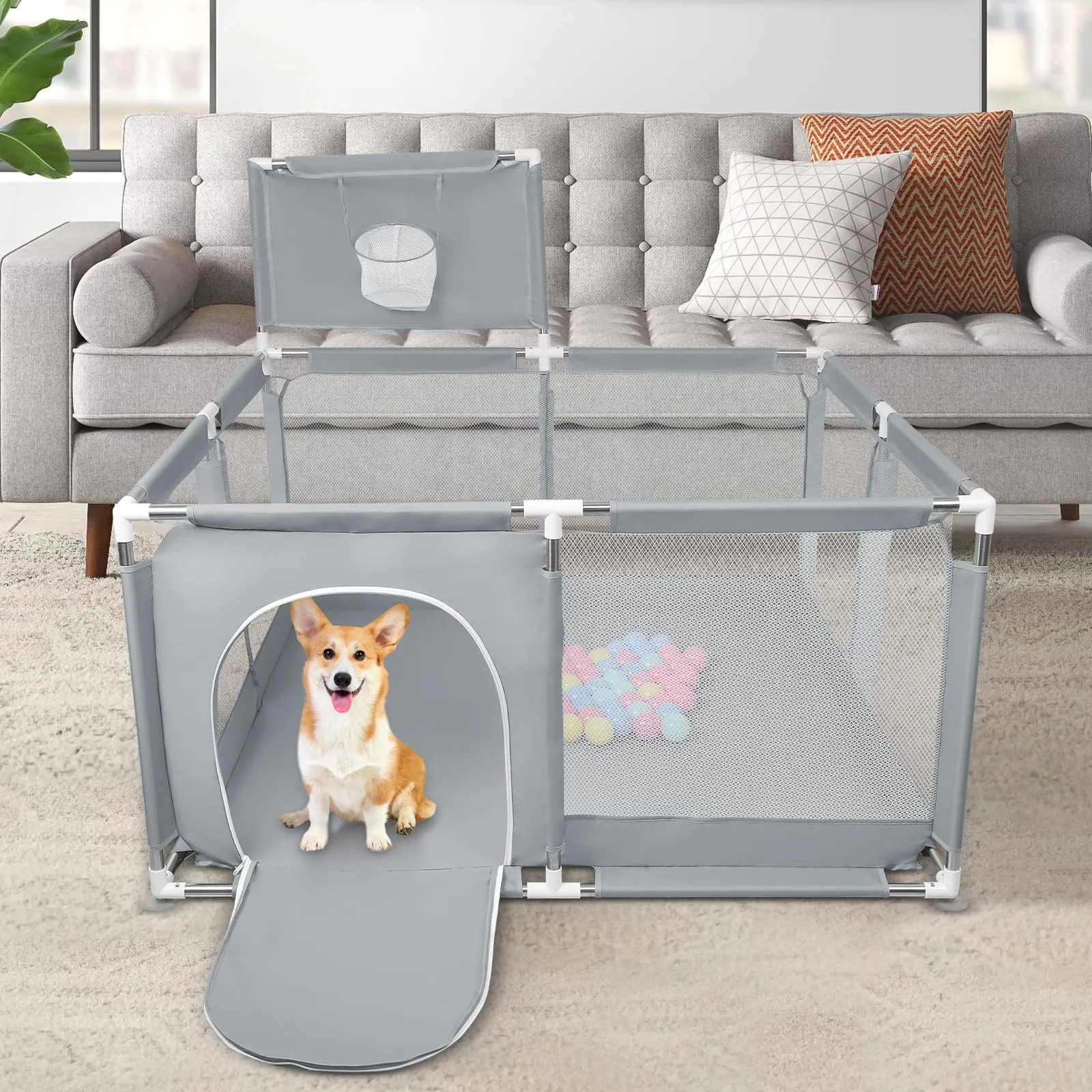 Parco per cuccioli con porta, recinzione solida in tessuto spesso e rete nylon resistente, lavabile in lavatrice, interno/esterno, 126x126x66 cm - immagine 1