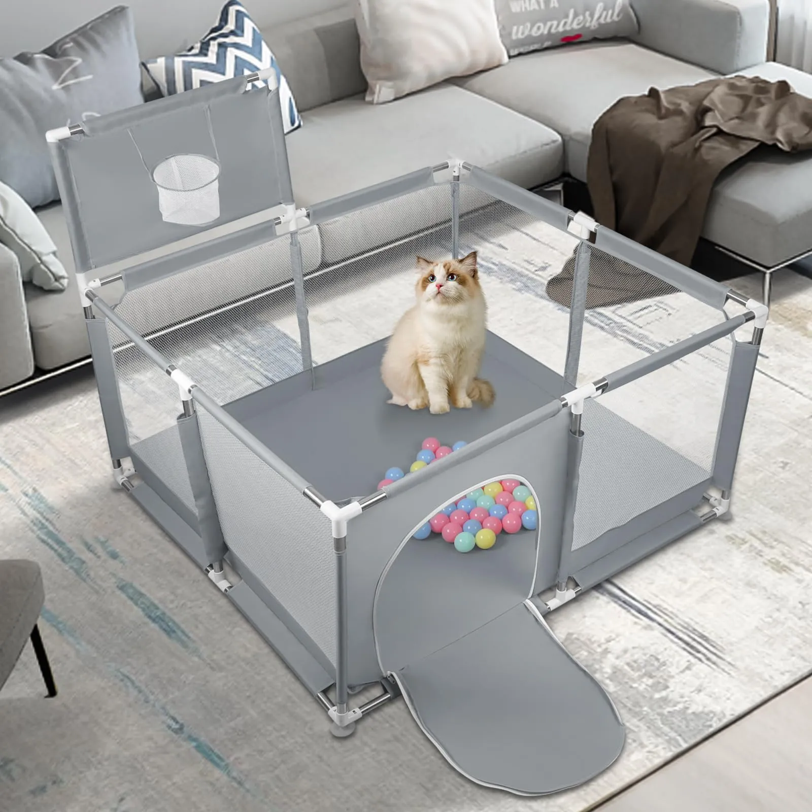 Parco per cuccioli con porta, recinzione solida in tessuto spesso e rete nylon resistente, lavabile in lavatrice, interno/esterno, 126x126x66 cm - immagine 2