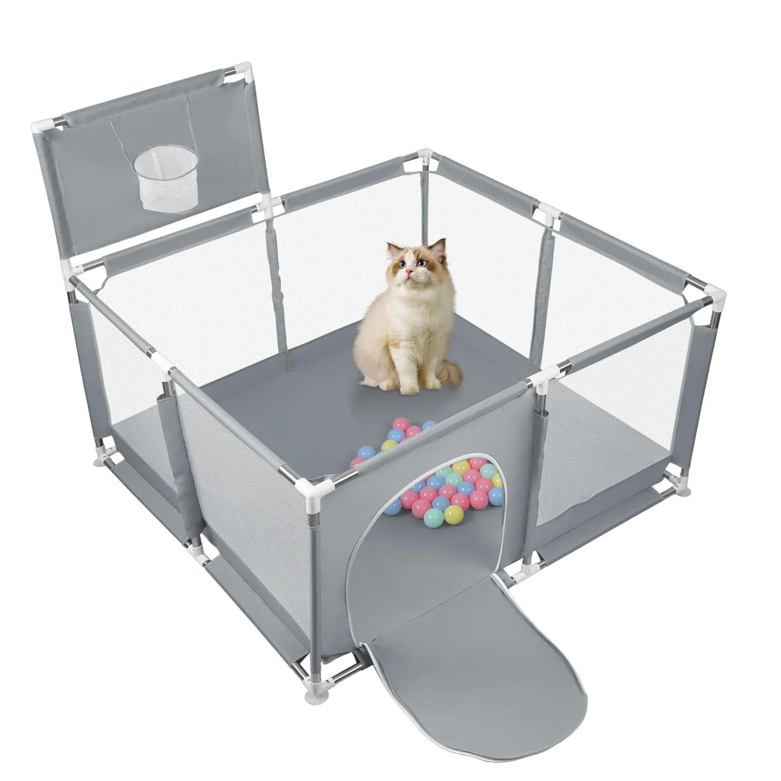 Parco per cuccioli con porta, recinzione solida in tessuto spesso e rete nylon resistente, lavabile in lavatrice, interno/esterno, 126x126x66 cm - immagine 3