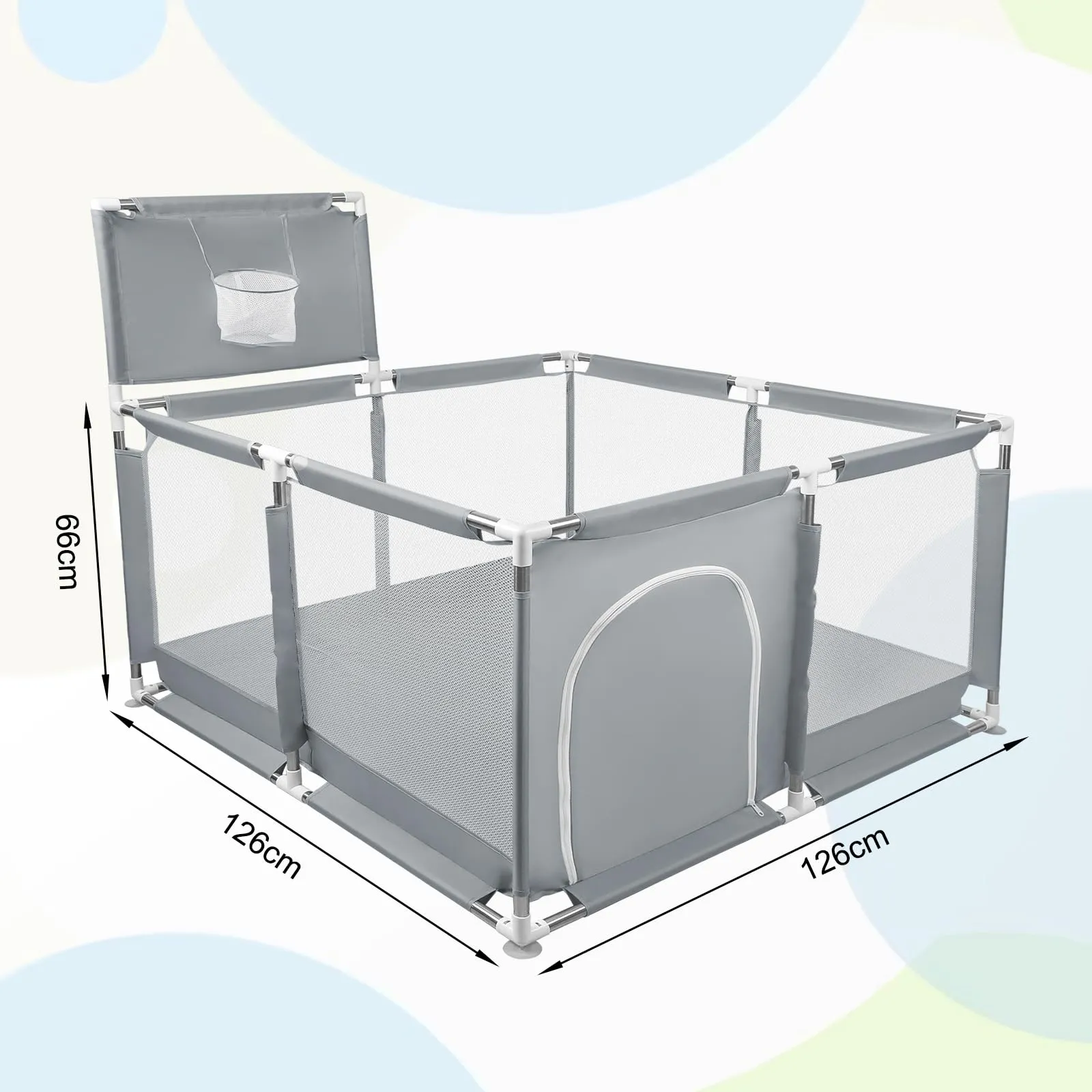 Parco per cuccioli con porta, recinzione solida in tessuto spesso e rete nylon resistente, lavabile in lavatrice, interno/esterno, 126x126x66 cm - immagine 5