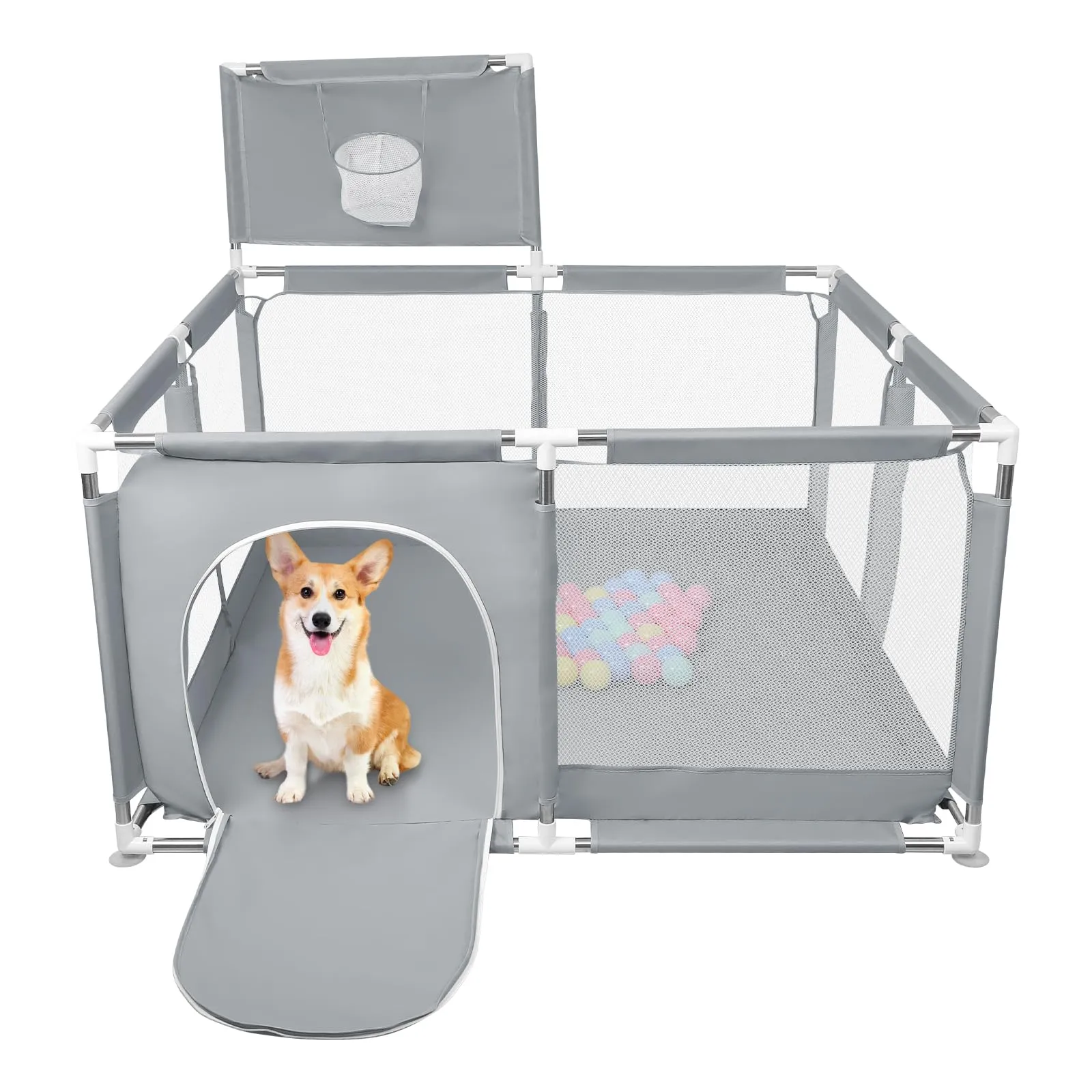 Parco per cuccioli con porta, recinzione solida in tessuto spesso e rete nylon resistente, lavabile in lavatrice, interno/esterno, 126x126x66 cm - immagine 6