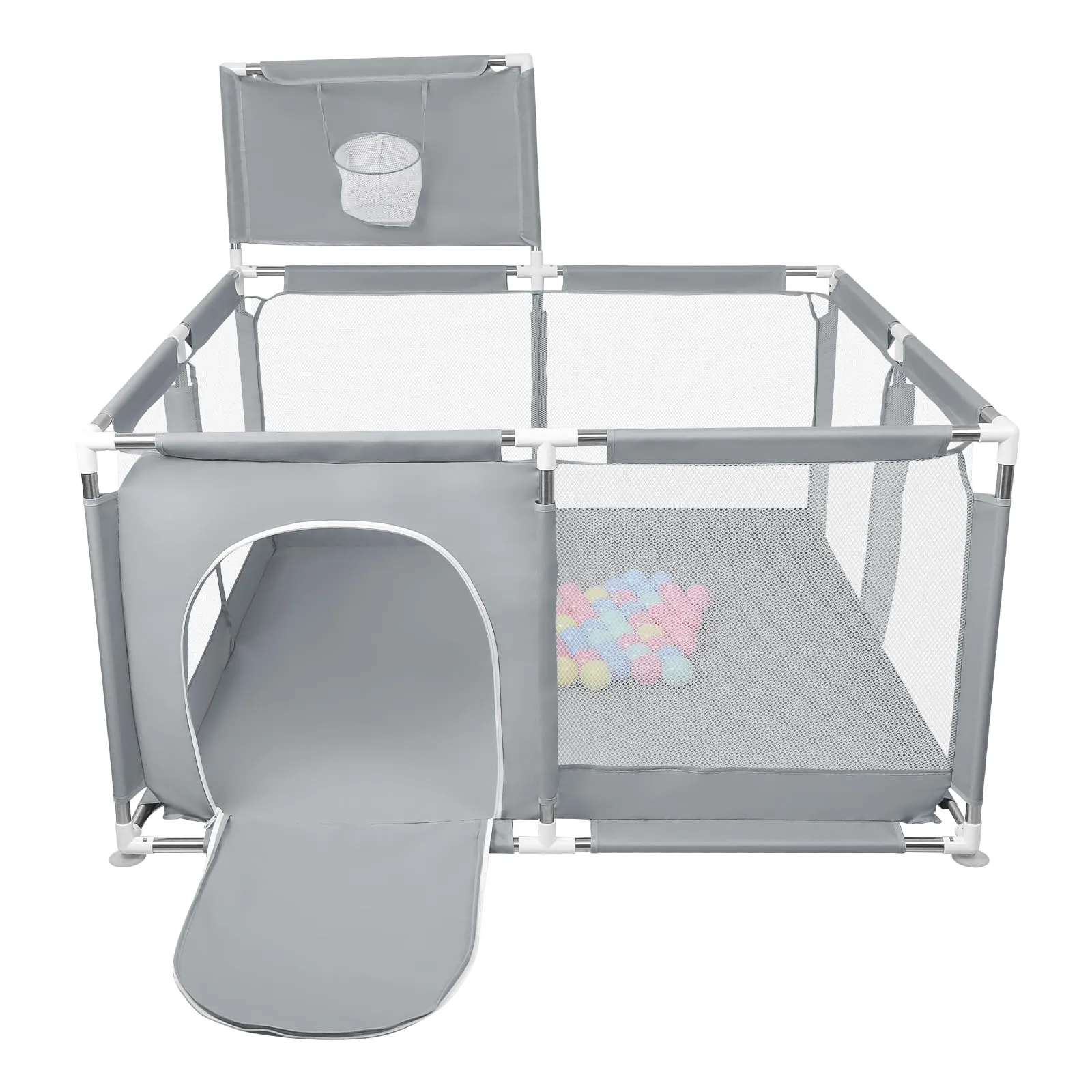 Parco per cuccioli con porta, recinzione solida in tessuto spesso e rete nylon resistente, lavabile in lavatrice, interno/esterno, 126x126x66 cm - immagine 8