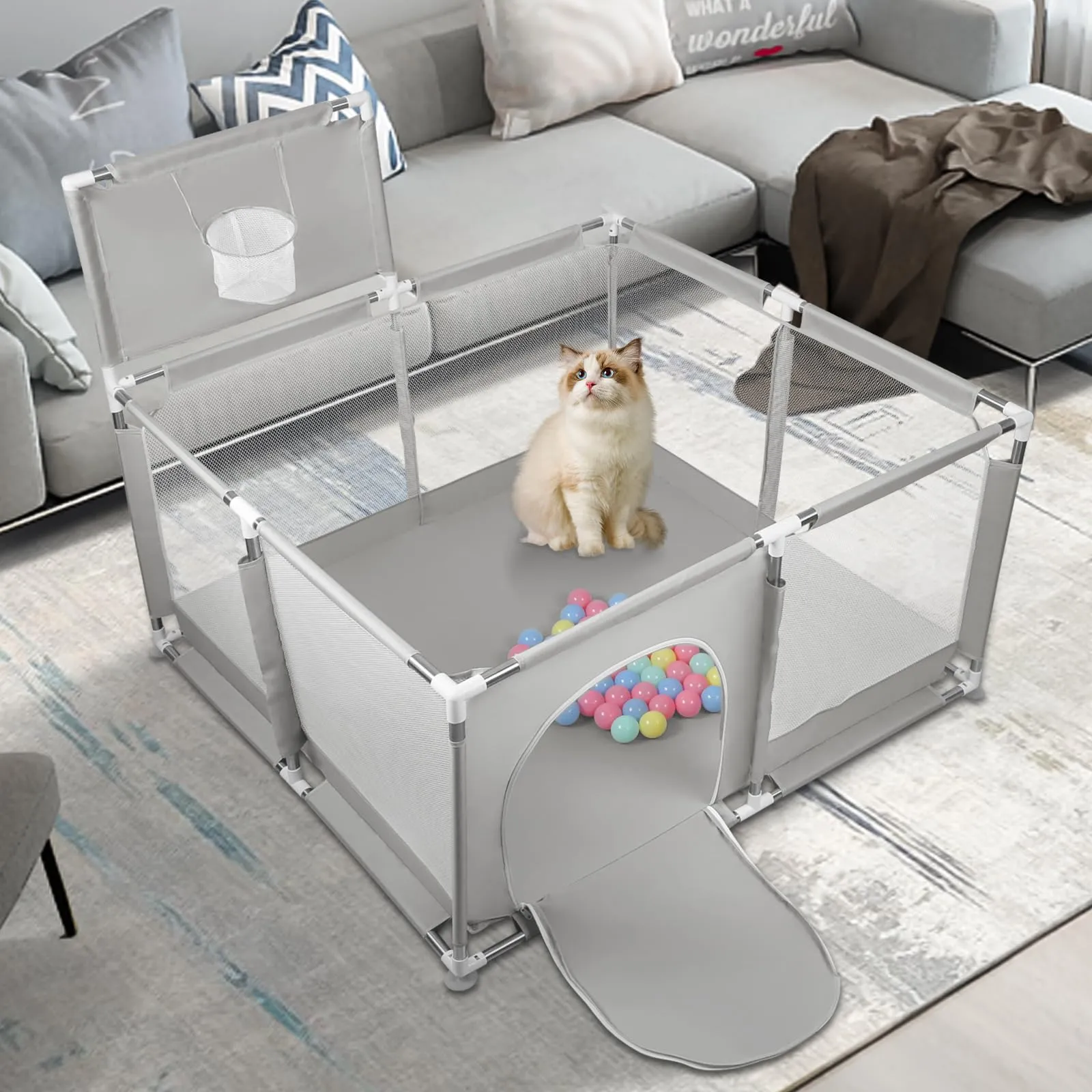 Parco per cuccioli con porta, parco per cuccioli o cani piccoli, recinzione solida in tessuto spesso e rete in nylon ad alta resistenza, lavabile in lavatrice, interno/esterno, 126 x 126 x 66 cm - immagine 3