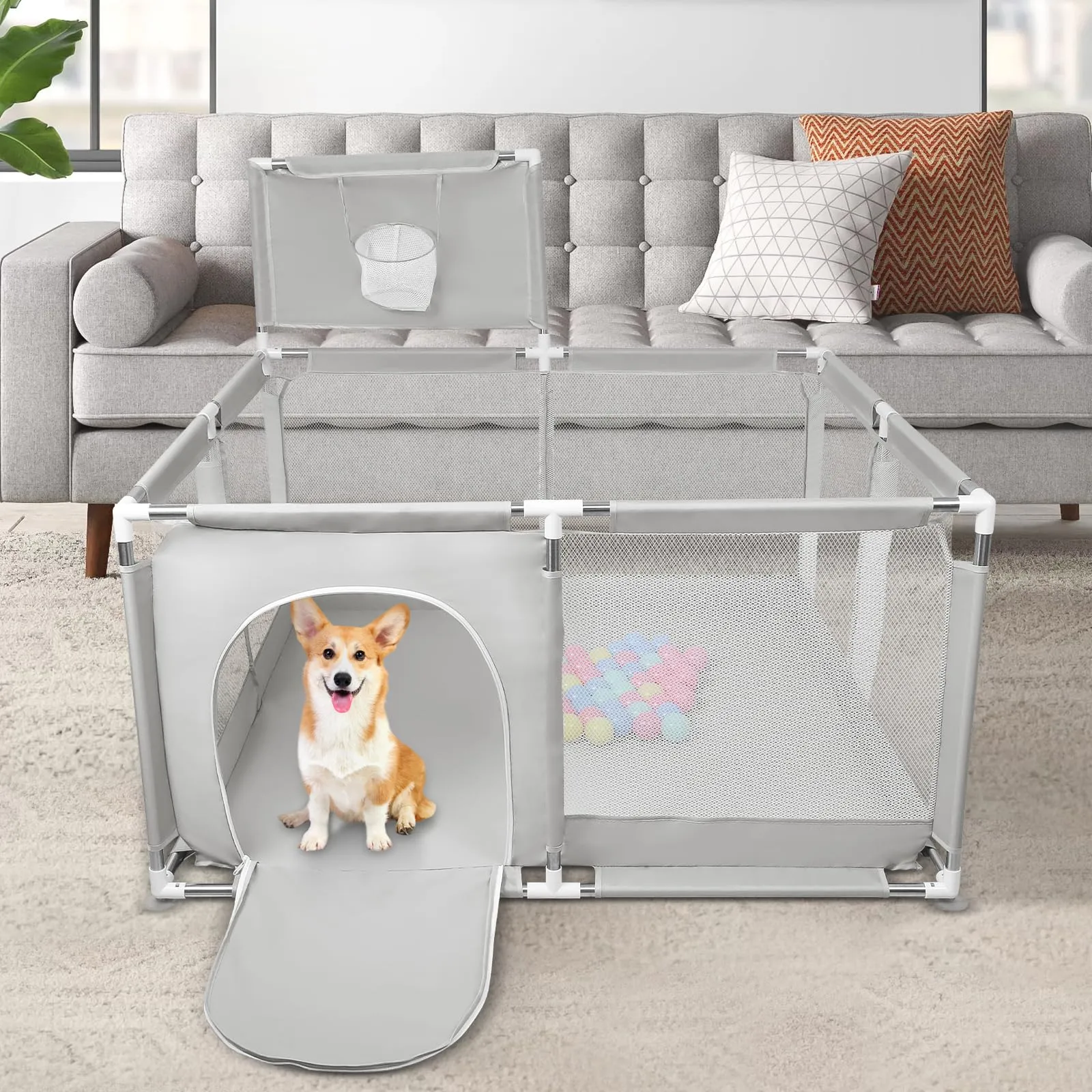 Parco per cuccioli con porta, parco per cuccioli o cani piccoli, recinzione solida in tessuto spesso e rete in nylon ad alta resistenza, lavabile in lavatrice, interno/esterno, 126 x 126 x 66 cm - immagine 4