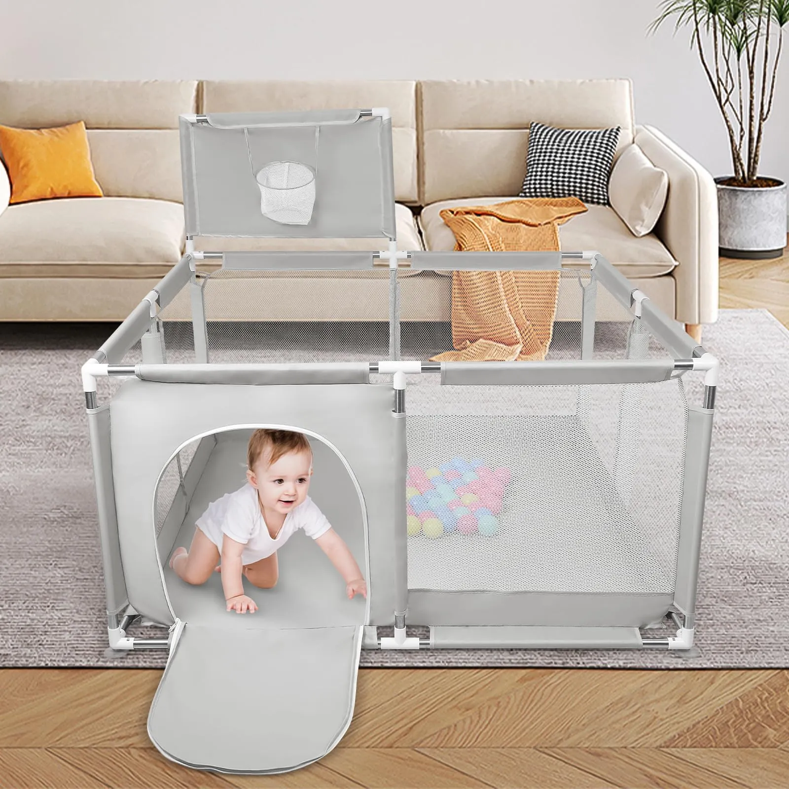 Parco per cuccioli con porta, parco per cuccioli o cani piccoli, recinzione solida in tessuto spesso e rete in nylon ad alta resistenza, lavabile in lavatrice, interno/esterno, 126 x 126 x 66 cm - immagine 7