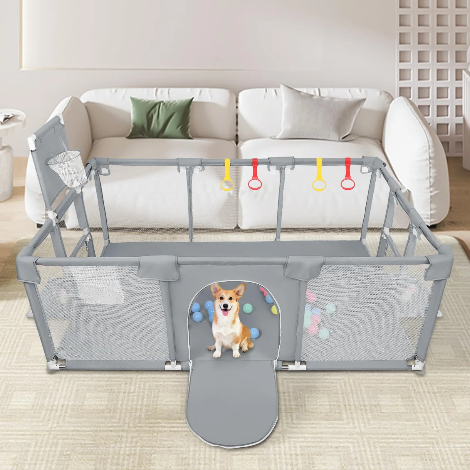 Parco per cuccioli con porta, parco per cuccioli o cani piccoli, recinzione solida in tessuto spesso e rete in nylon ad alta resistenza, lavabile in lavatrice, interno/esterno, 180 x 120 x 66 cm - immagine 4