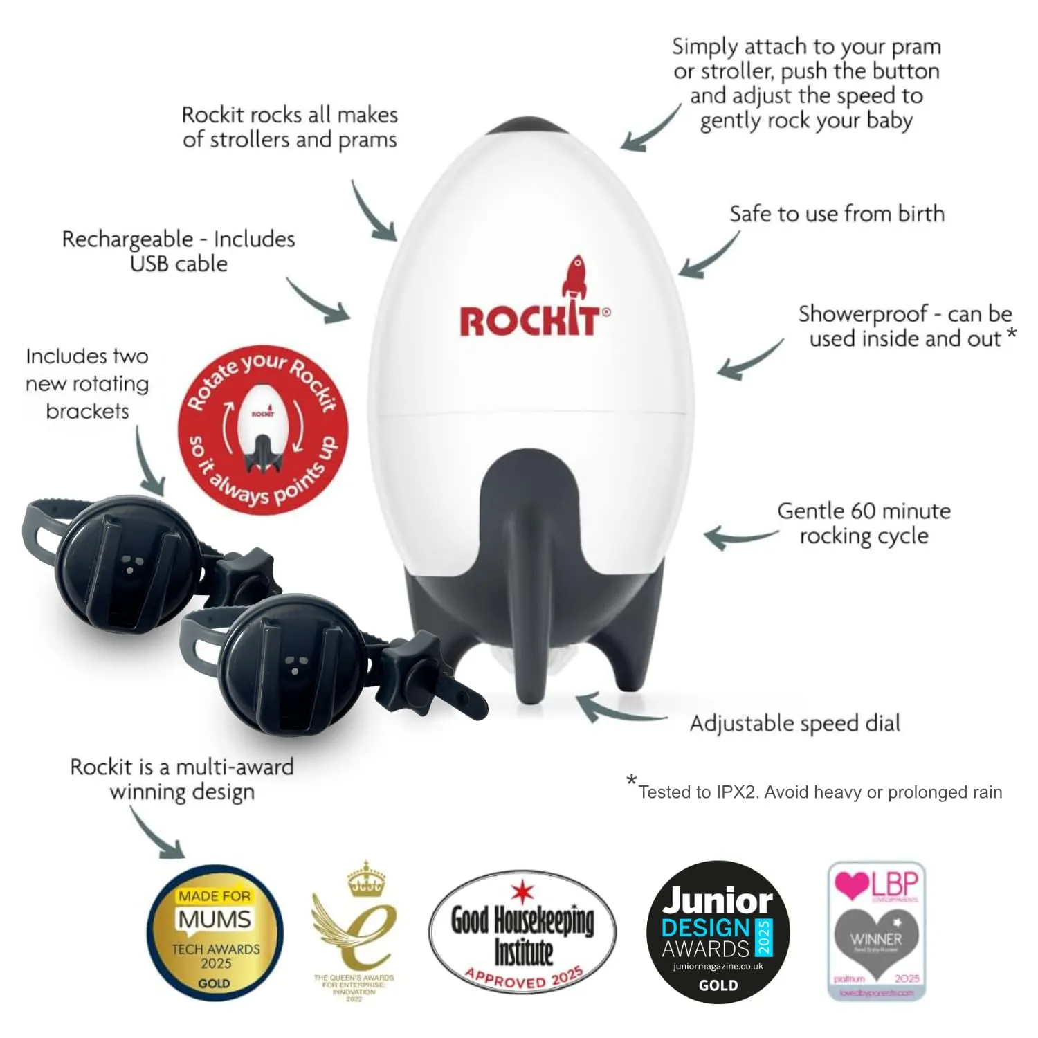 Rockit Bilanciere ricaricabile con due staffe, supporto per il sonno del bambino, dondola delicatamente qualsiasi passeggino o passeggino, velocità regolabile con timer di 60 minuti – si adatta a - immagine 8