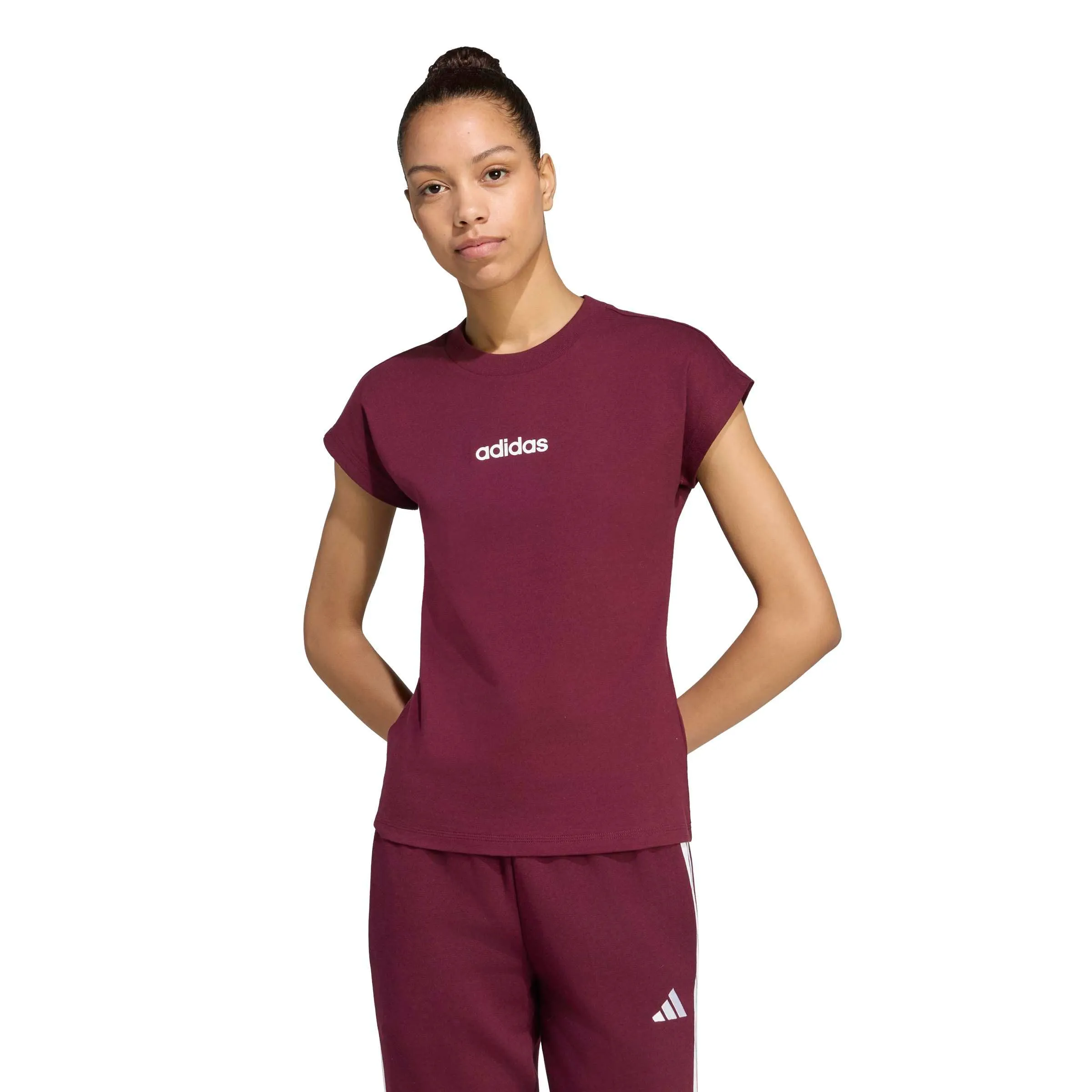 adidas Donna Essentials Linear Cotton Shirt, Maroon/White, M - immagine 4