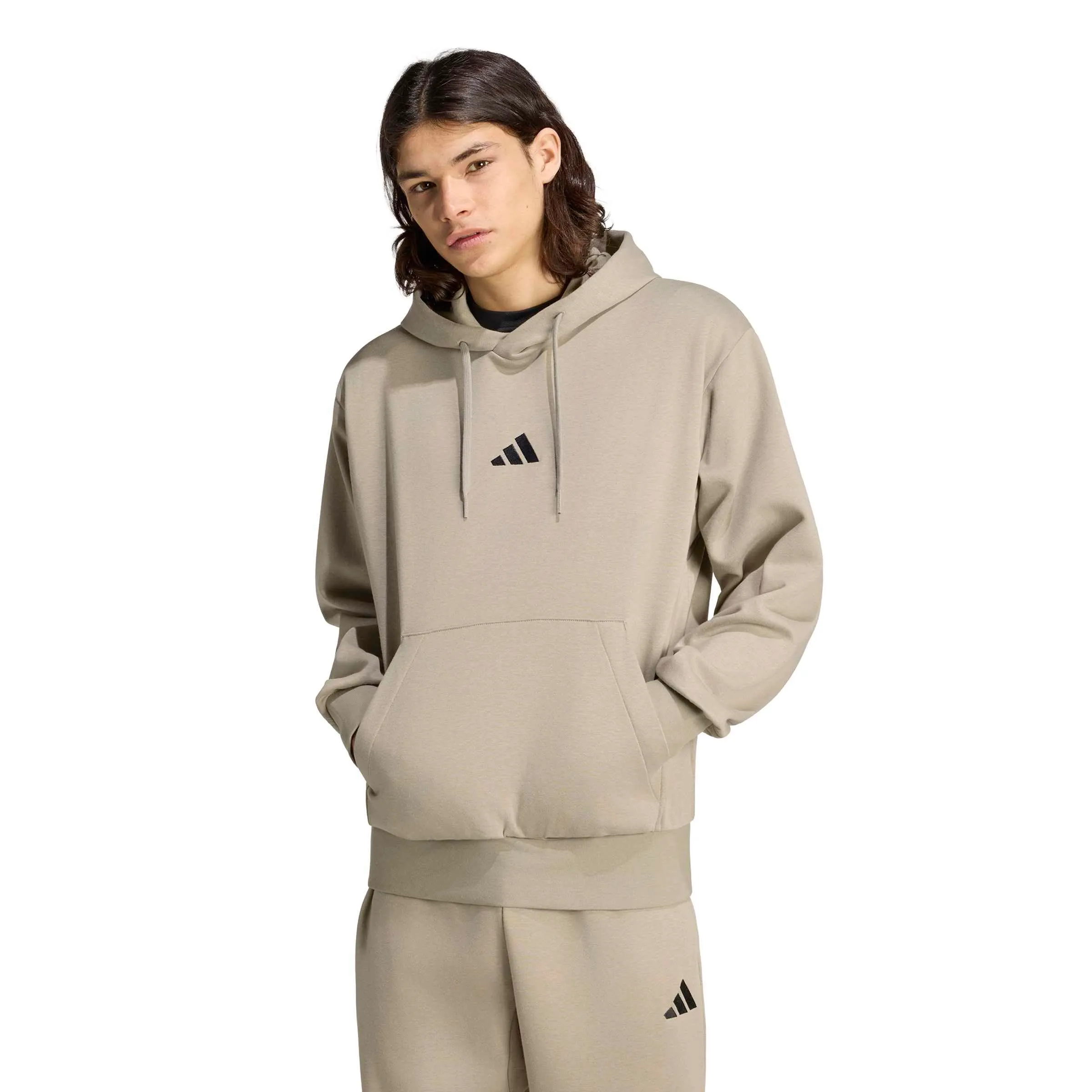 adidas Uomo Essentials Feelcozy Fleece Hoodie Sweatshirt, Silver Pebble/Black, M - immagine 2