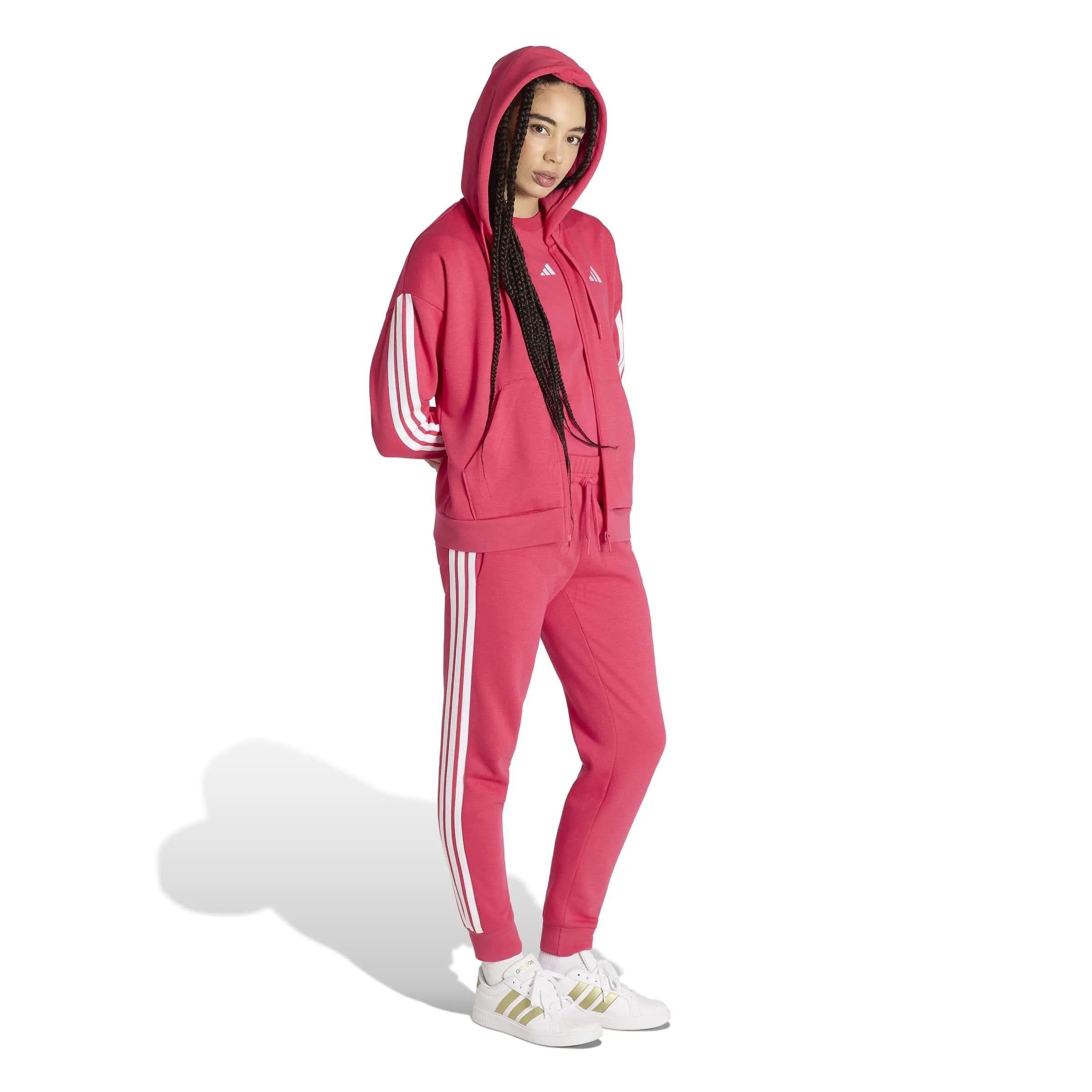 adidas Donna Essentials 3-Stripes Full-Zip Fleece Hoodie Sweatshirt, Power Pink/White, M - immagine 6