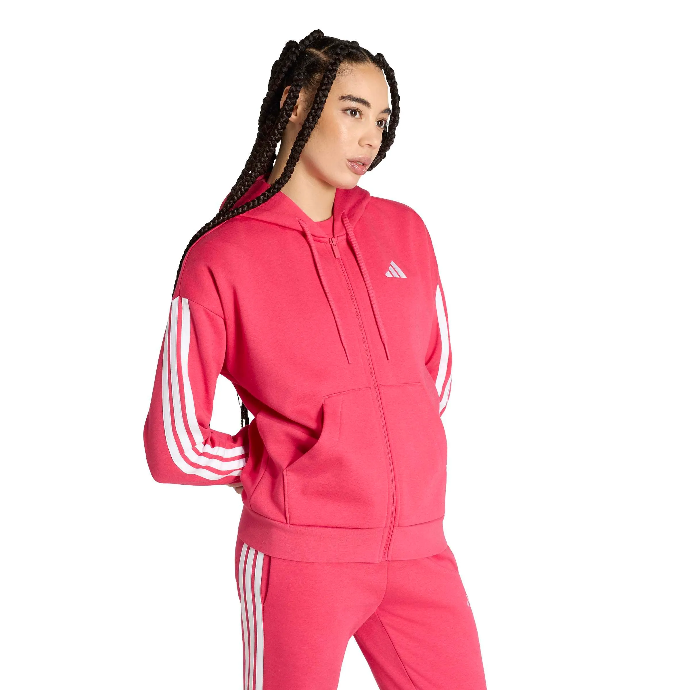 adidas Donna Essentials 3-Stripes Full-Zip Fleece Hoodie Sweatshirt, Power Pink/White, XL - immagine 3