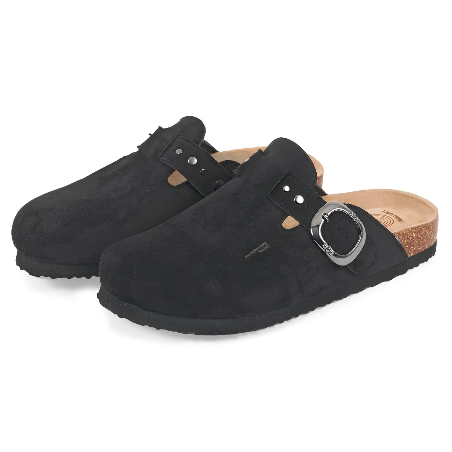 PERLETTI Sabot Donna Comode Leggere Effetto Scamosciato - Ciabatte Invernali Estive Casa Suola Antiscivolo Chiuse con Fibbia - Pantofole da Donna Sandali Comfort Borchie Ragazza (Nero, EU 39) - immagine 1