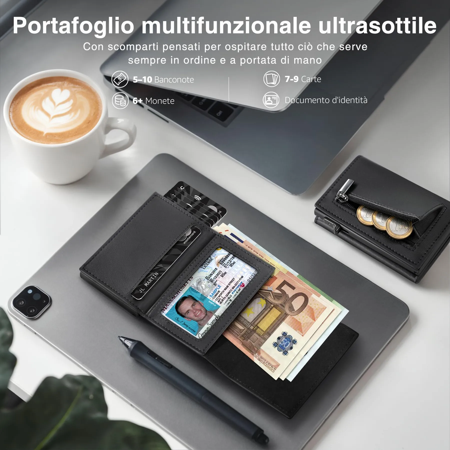 TENBST Portafoglio Uomo di Alta Qualità, esclusivo Portafoglio Uomo Slim con Portamonete & Protezione RFID, lussuoso Portacarte Uomo in Pelle, 8 Scomparti per Carte di Credito, Regalo per Uomini - immagine 2