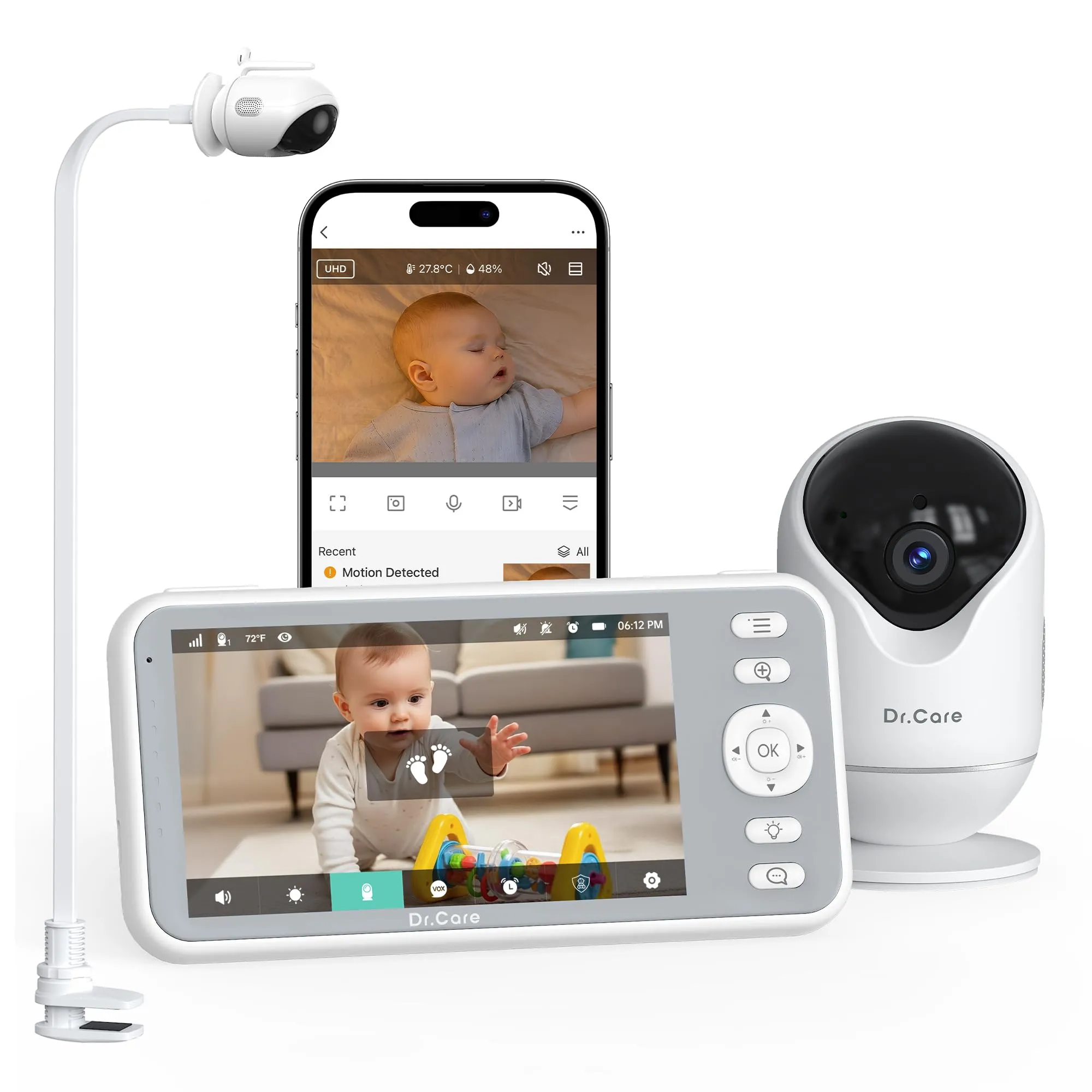 Dr.Care Baby Monitor WiFi 1080p 5", App, supporto a clip, allarme movimento - immagine 1