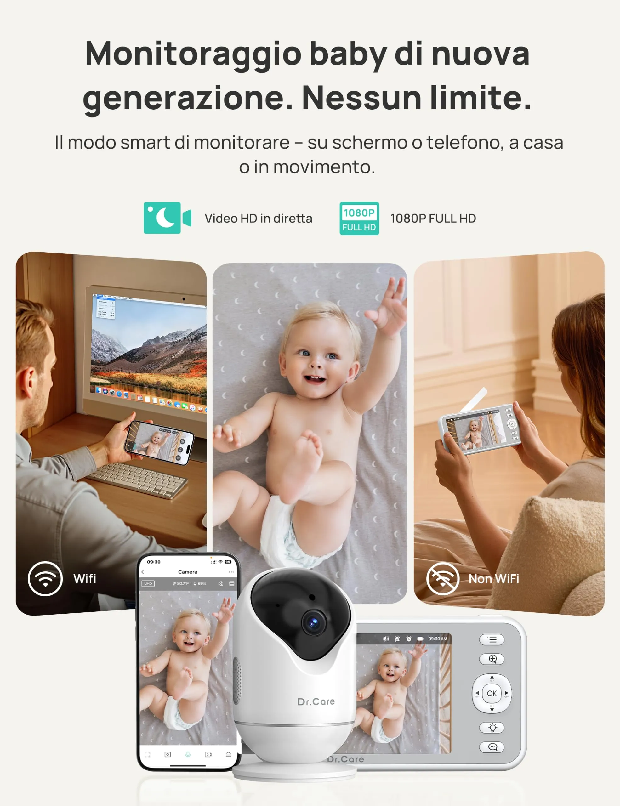 Dr.Care Baby Monitor WiFi 1080p 5", App, supporto a clip, allarme movimento - immagine 2