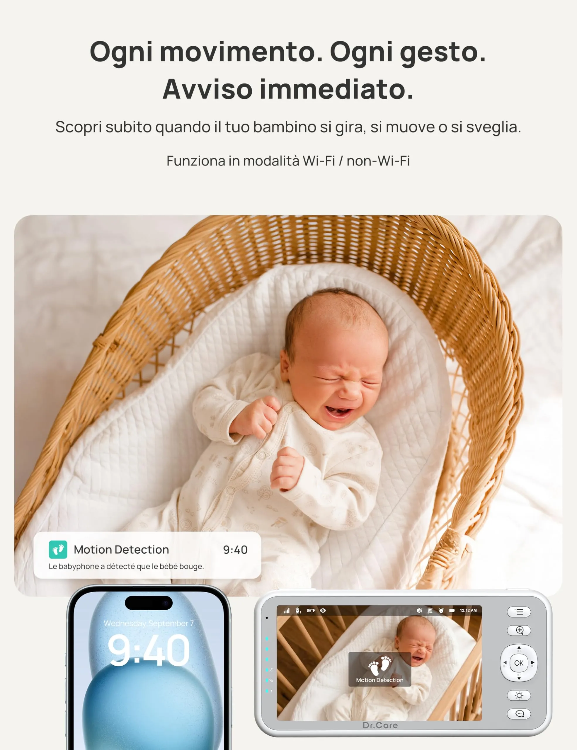 Dr.Care Baby Monitor WiFi 1080p 5", App, supporto a clip, allarme movimento - immagine 3
