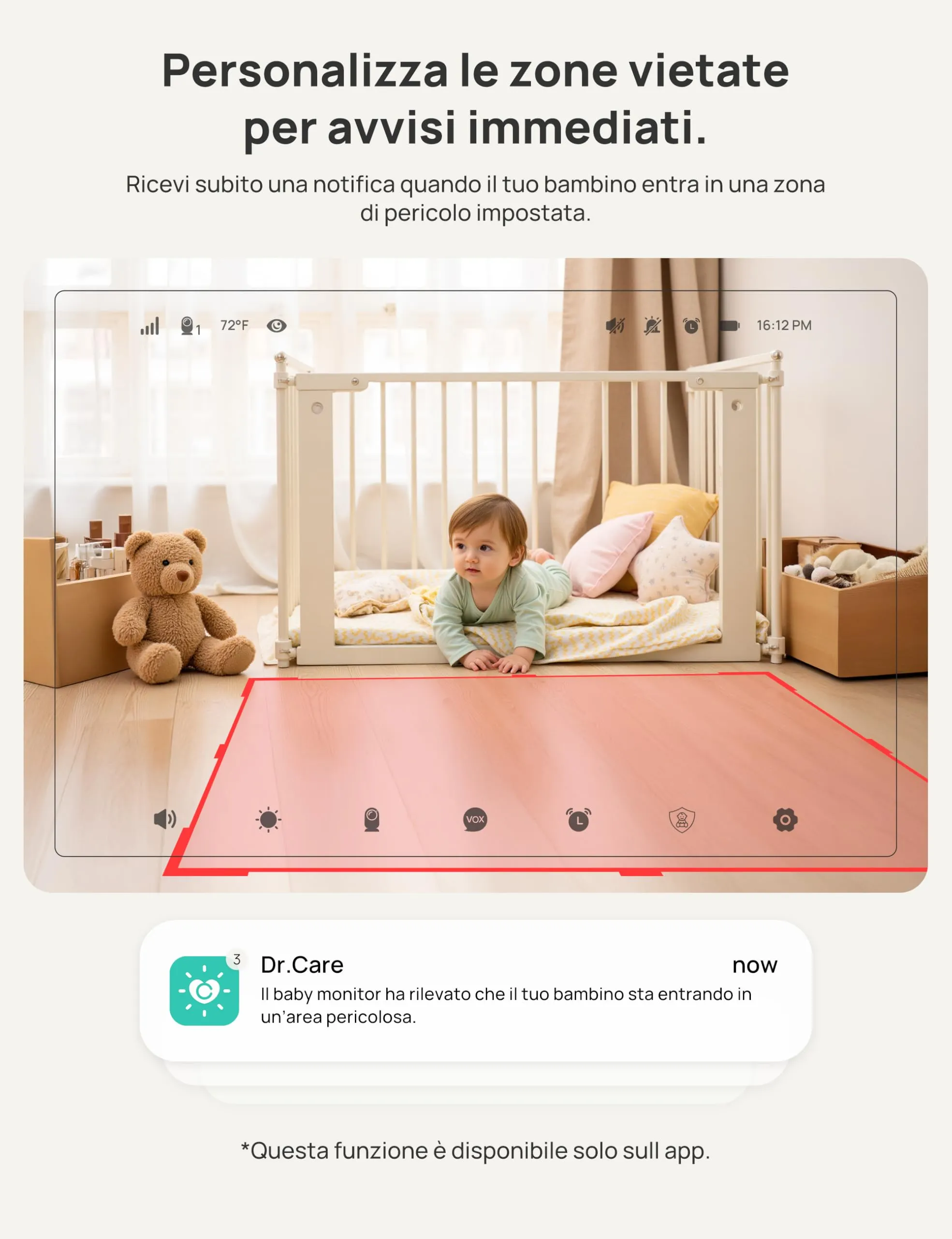 Dr.Care Baby Monitor WiFi 1080p 5", App, supporto a clip, allarme movimento - immagine 4