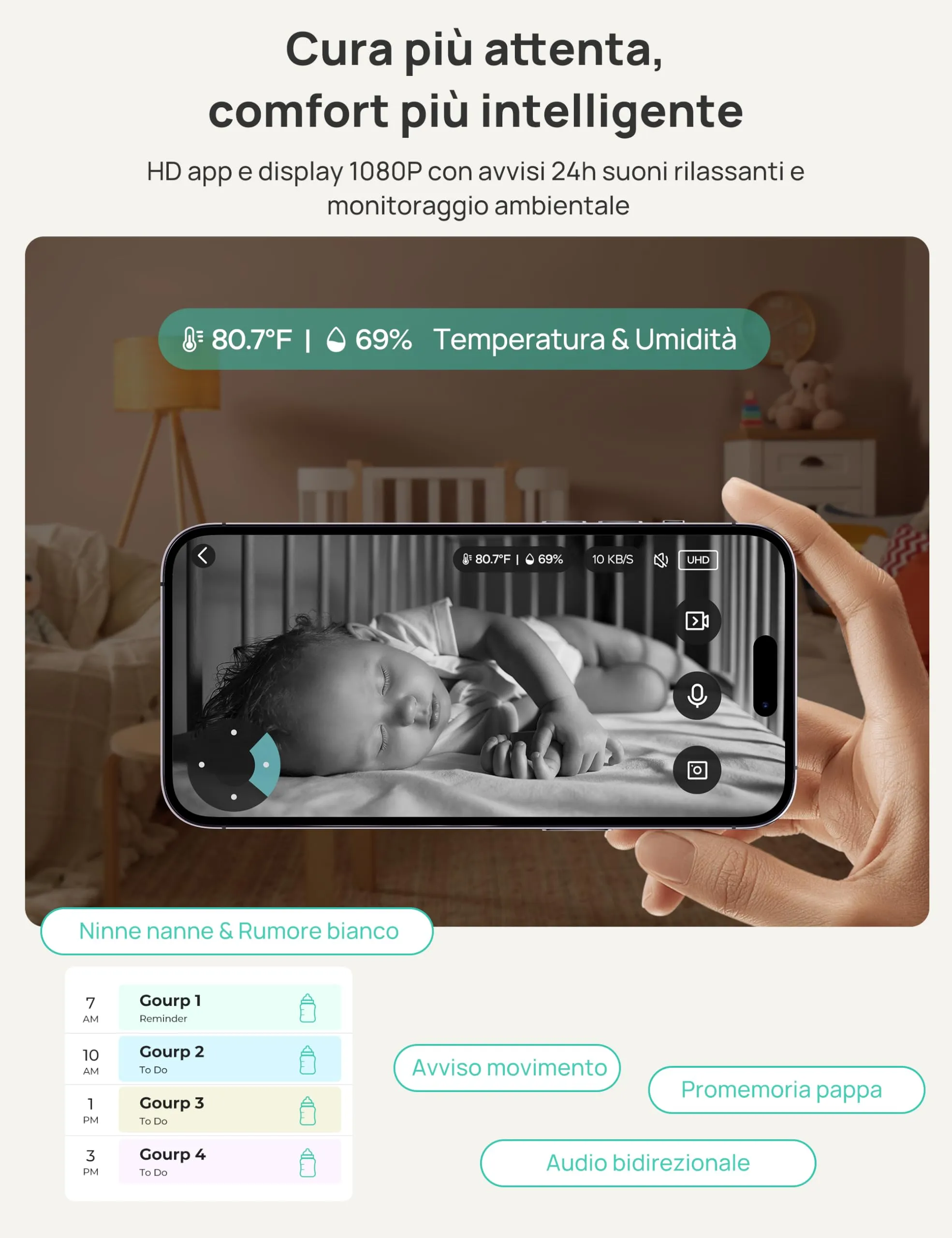 Dr.Care Baby Monitor WiFi 1080p 5", App, supporto a clip, allarme movimento - immagine 7