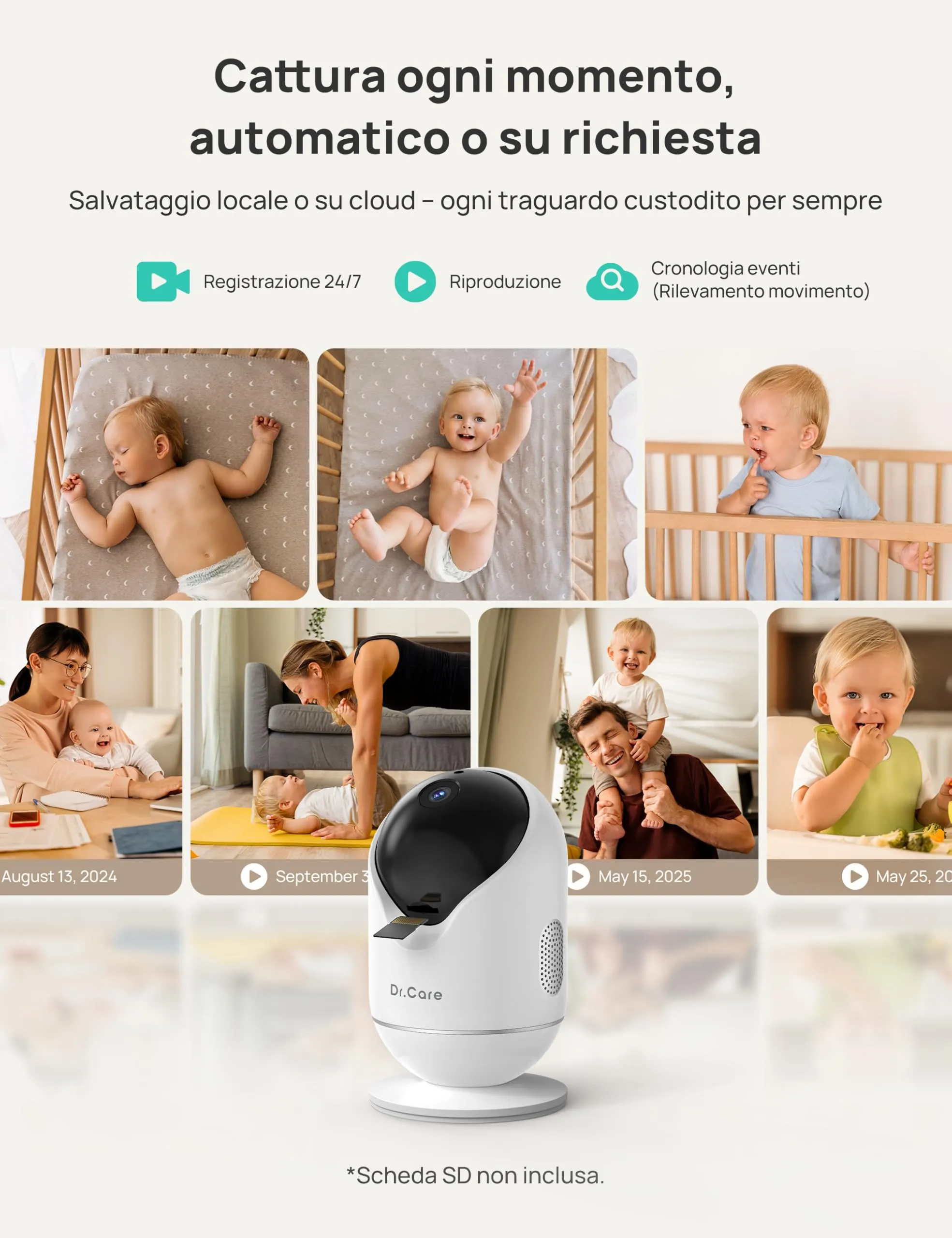 Dr.Care Baby Monitor WiFi 1080p 5", App, supporto a clip, allarme movimento - immagine 8