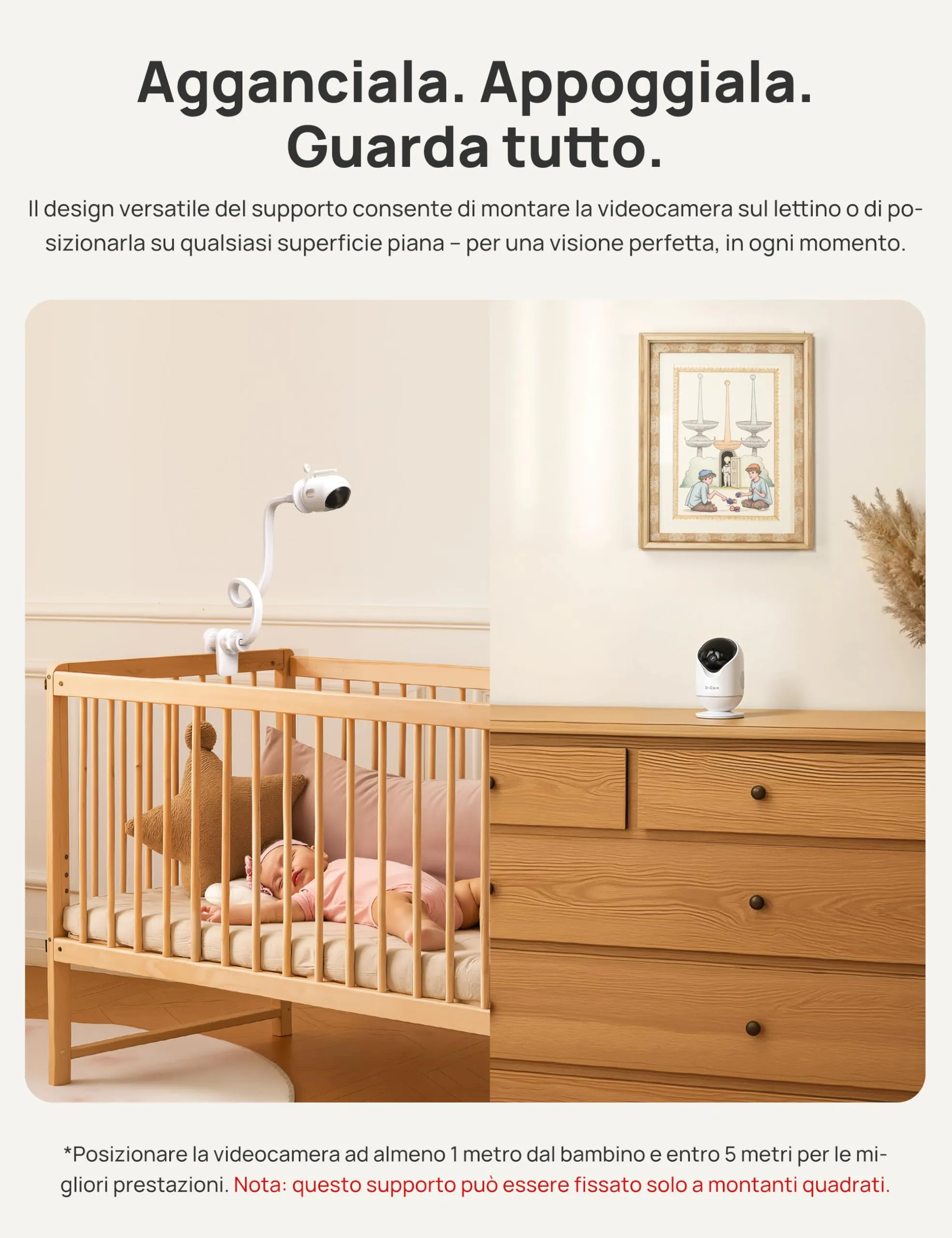 Dr.Care Baby Monitor WiFi 1080p 5", App, supporto a clip, allarme movimento - immagine 12