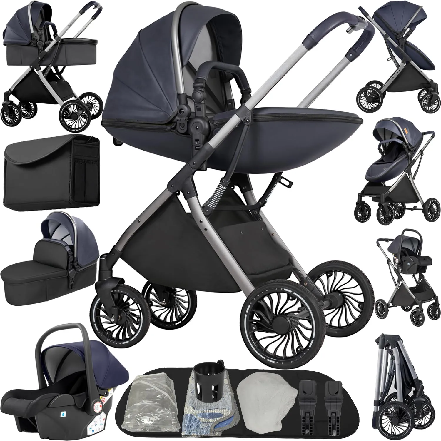 Reenborn Passeggino 4 in 1, Passeggino Trio con Due Modi Reversibili Spingere, Trio con Telaio Alluminio Paesaggistico Alto, Trio Neonati con Design Pieghevole in Un Clic (688 Blue) - immagine 1