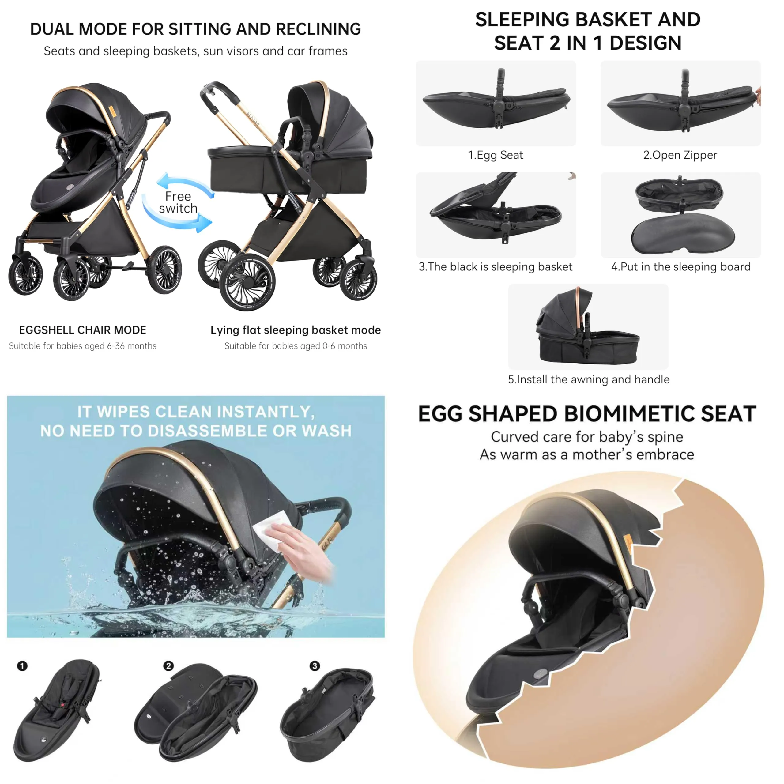 Reenborn Passeggino 4 in 1, Passeggino Trio con Due Modi Reversibili Spingere, Trio con Telaio Alluminio Paesaggistico Alto, Trio Neonati con Design Pieghevole in Un Clic (688 Blue) - immagine 3