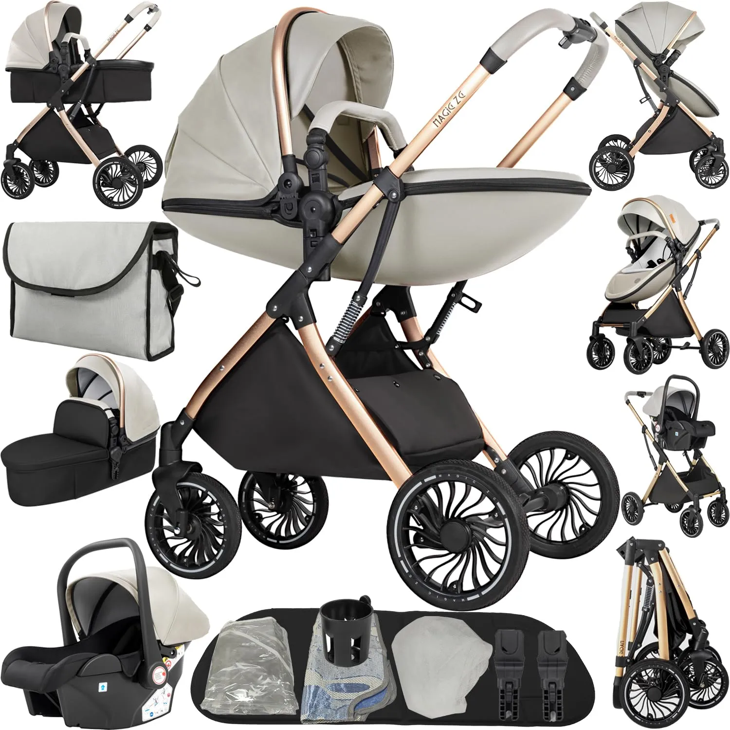 Reenborn Passeggino 4 in 1, Passeggino Trio con Due Modi Reversibili Spingere, Trio con Telaio Alluminio Paesaggistico Alto, Trio Neonati con Design Pieghevole in Un Clic (688 Yellowish) - immagine 1