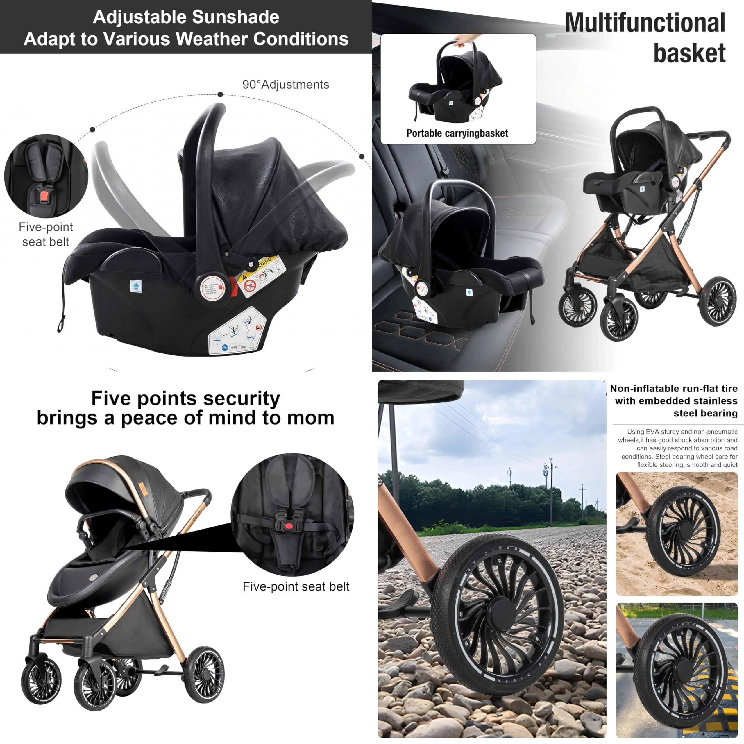 Reenborn Passeggino 4 in 1, Passeggino Trio con Due Modi Reversibili Spingere, Trio con Telaio Alluminio Paesaggistico Alto, Trio Neonati con Design Pieghevole in Un Clic (688 Yellowish) - immagine 4
