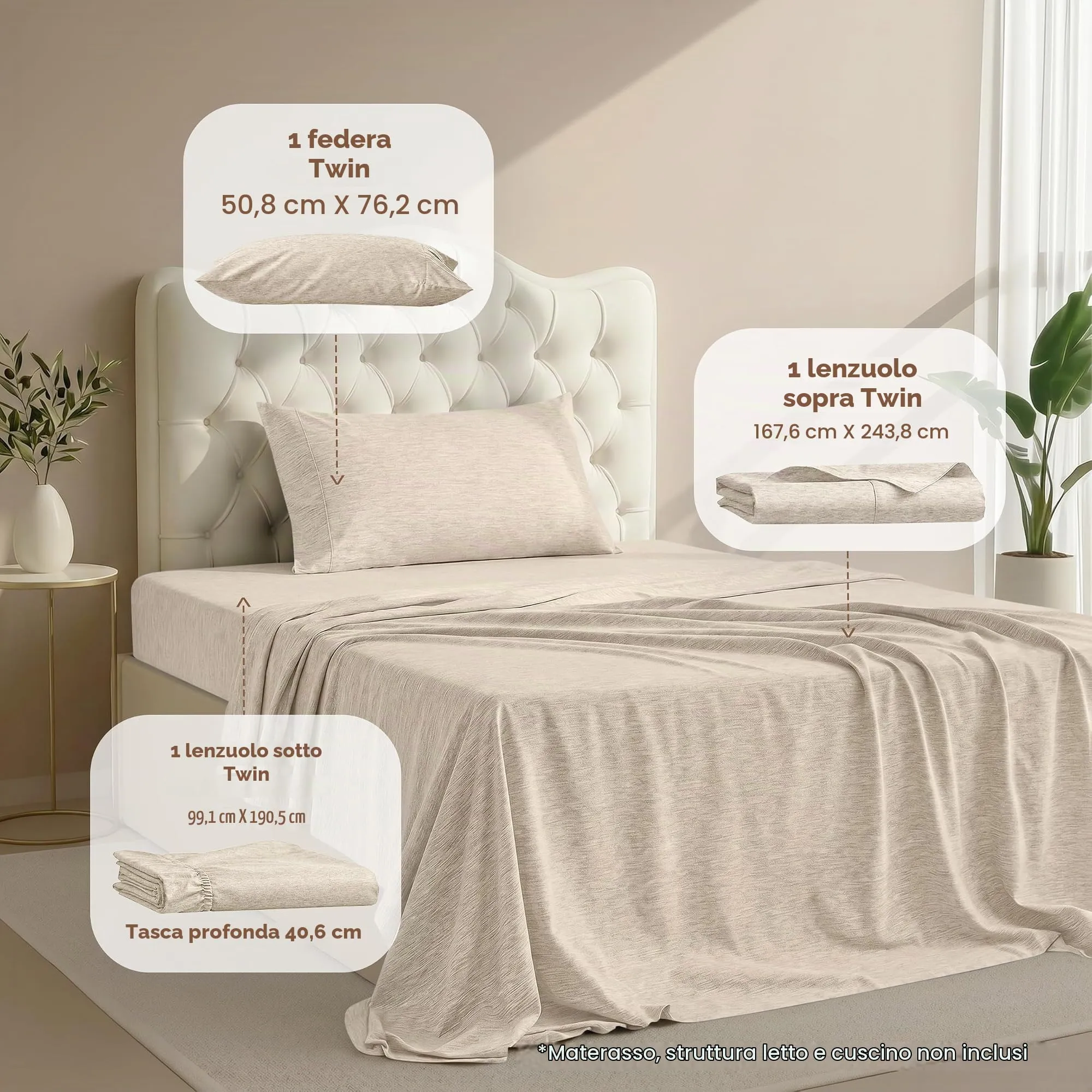 Set di lenzuola per letto singolo, 3 pezzi, 40,6 cm di profondità, per - immagine 2