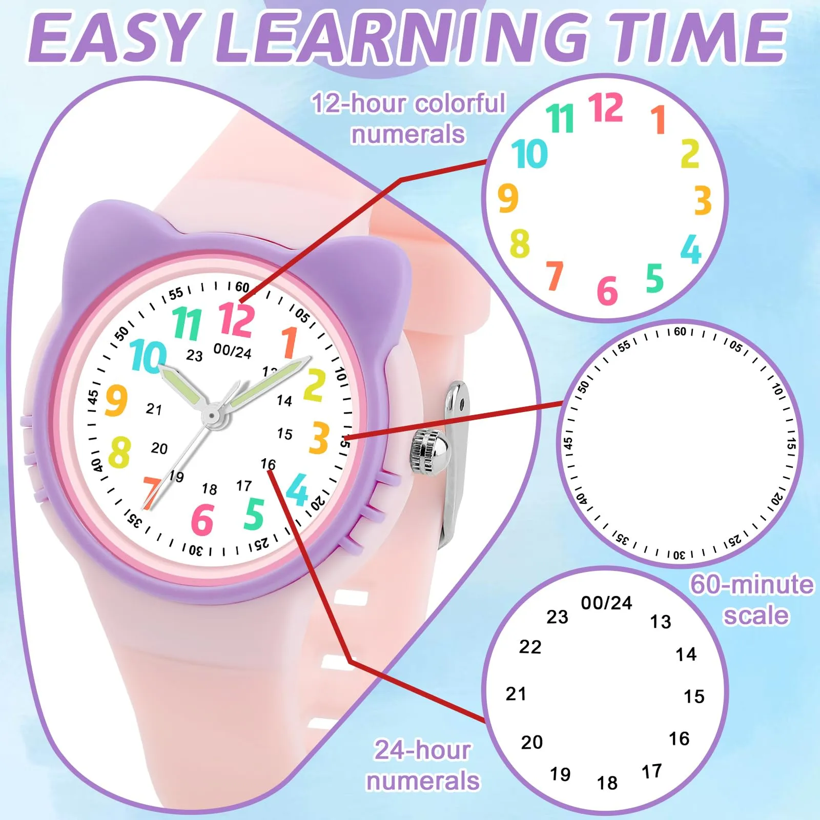 DTKID Orologio Bambini Analogico, Ghiera Girevole, Silicone (Rosa) - immagine 2