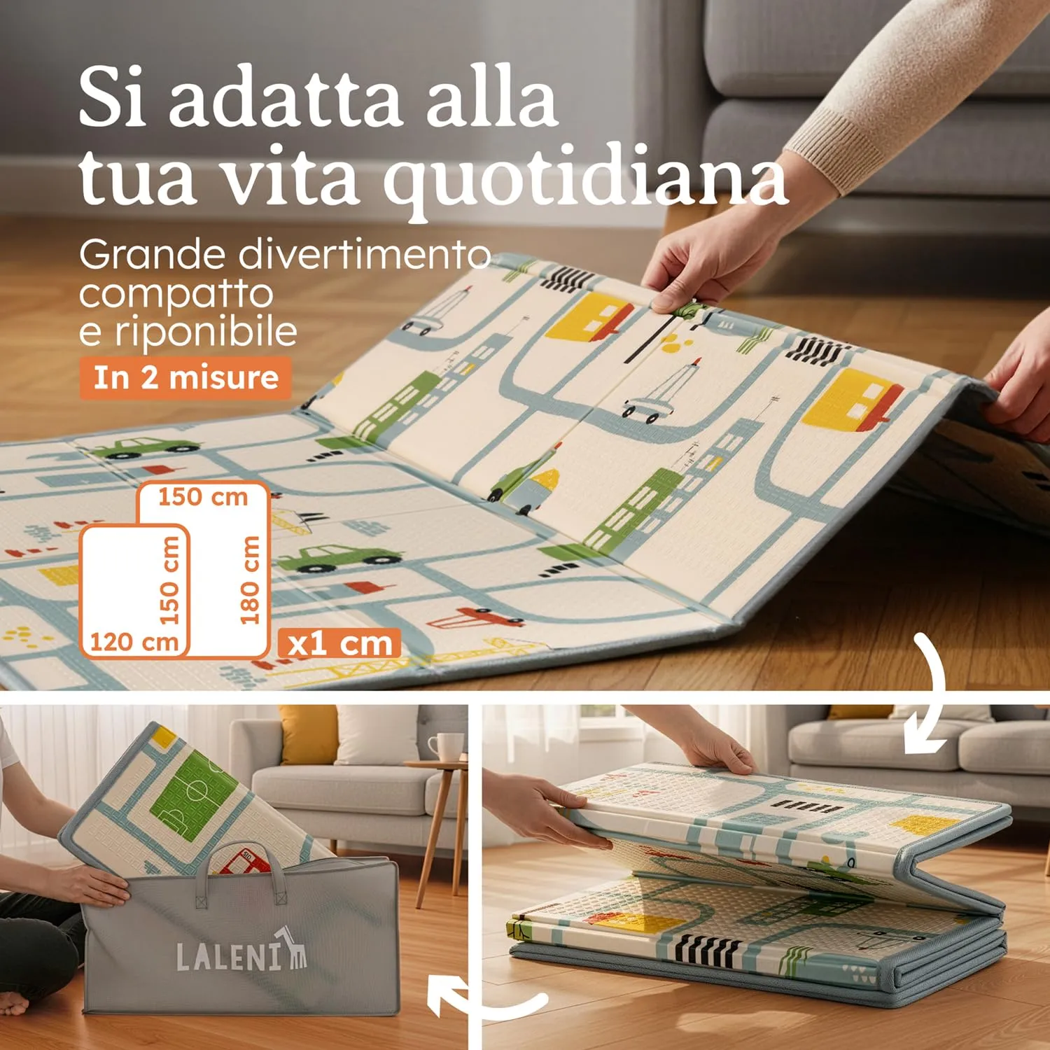 Laleni tappeto gioco bambini pieghevole 120x150x1cm - tappeto bambini impermeabile - tappeto gioco neonato isolante - morbido e protegge dal freddo del pavimento outdoor e indoor - design città - immagine 5