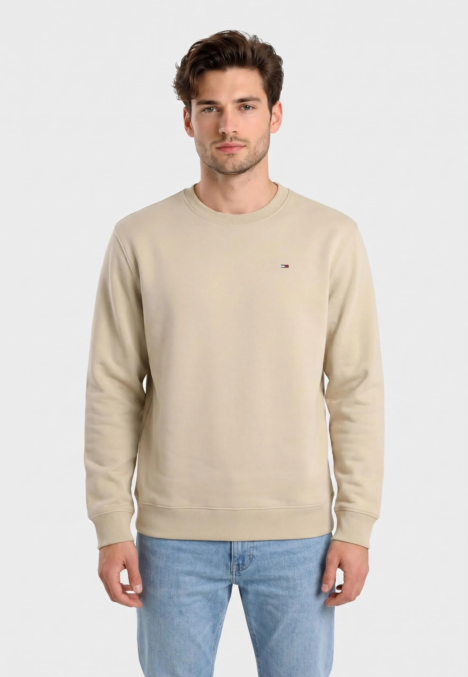 Tommy Jeans Uomo Felpa Regular Fit Flag Fleece Scollo Rotondo, Beige (Classic Beige), S - immagine 3