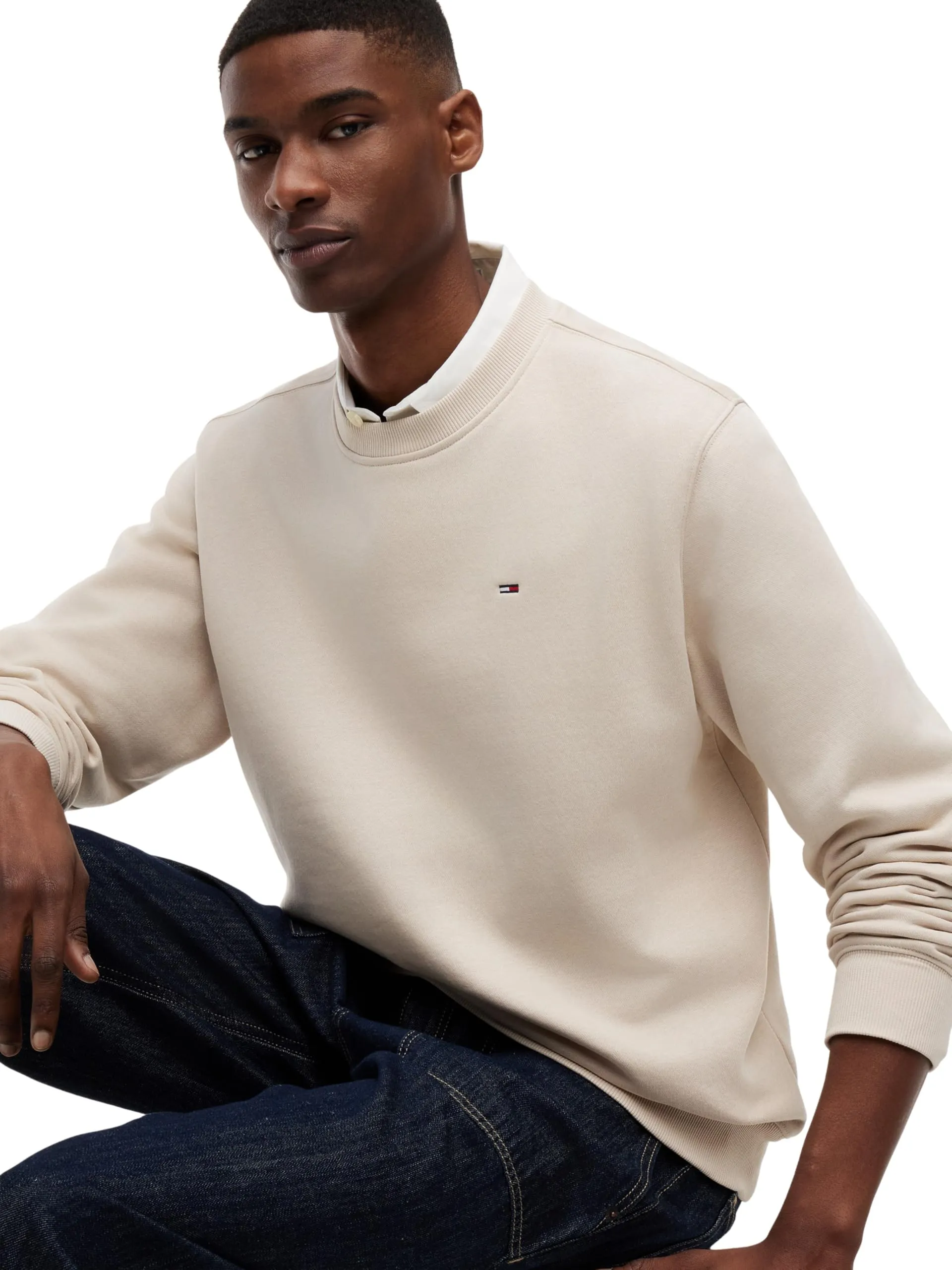 Tommy Jeans Uomo Felpa Regular Fit Flag Fleece Scollo Rotondo, Beige (Classic Beige), S - immagine 5