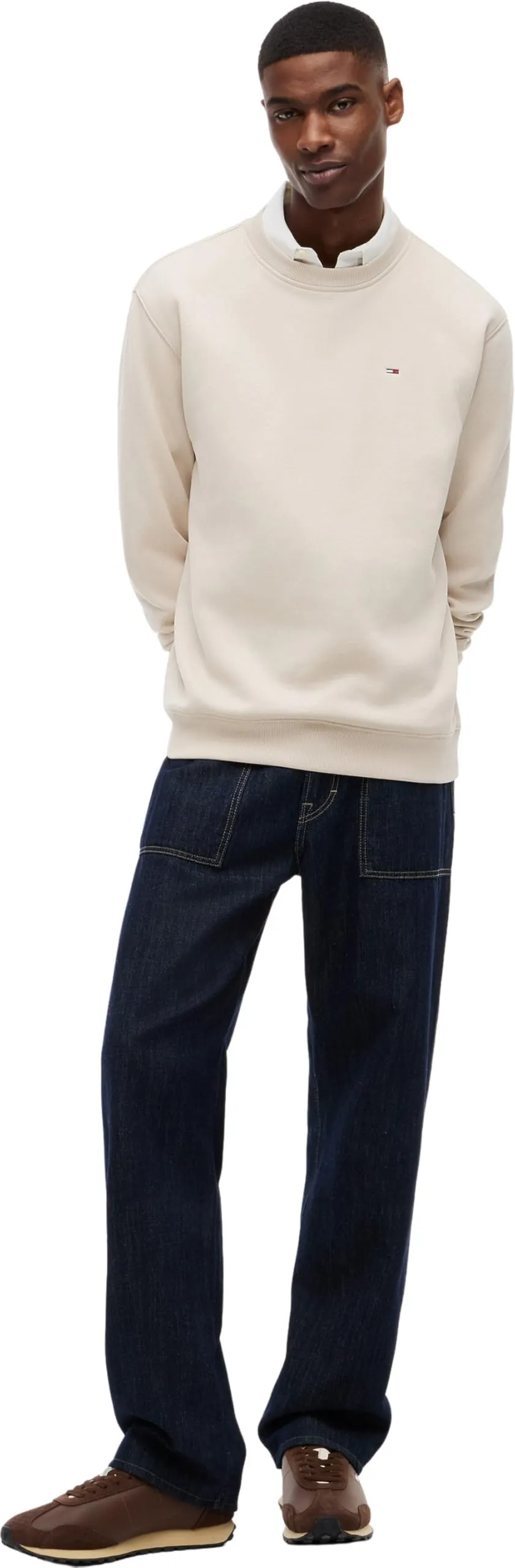Tommy Jeans Uomo Felpa Regular Fit Flag Fleece Scollo Rotondo, Beige (Classic Beige), S - immagine 6