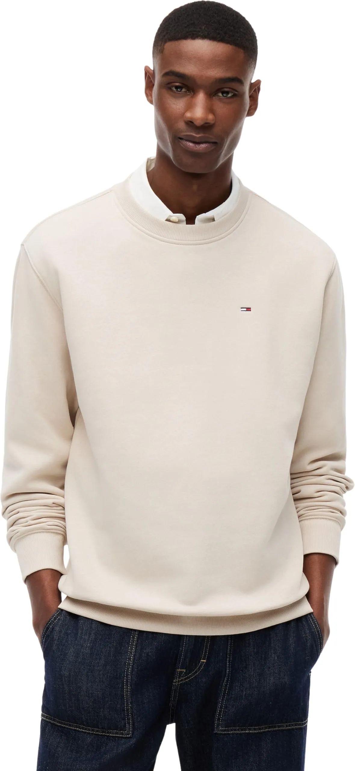 Tommy Jeans Uomo Felpa Regular Fit Flag Fleece Scollo Rotondo, Beige (Classic Beige), 4XL - immagine 1