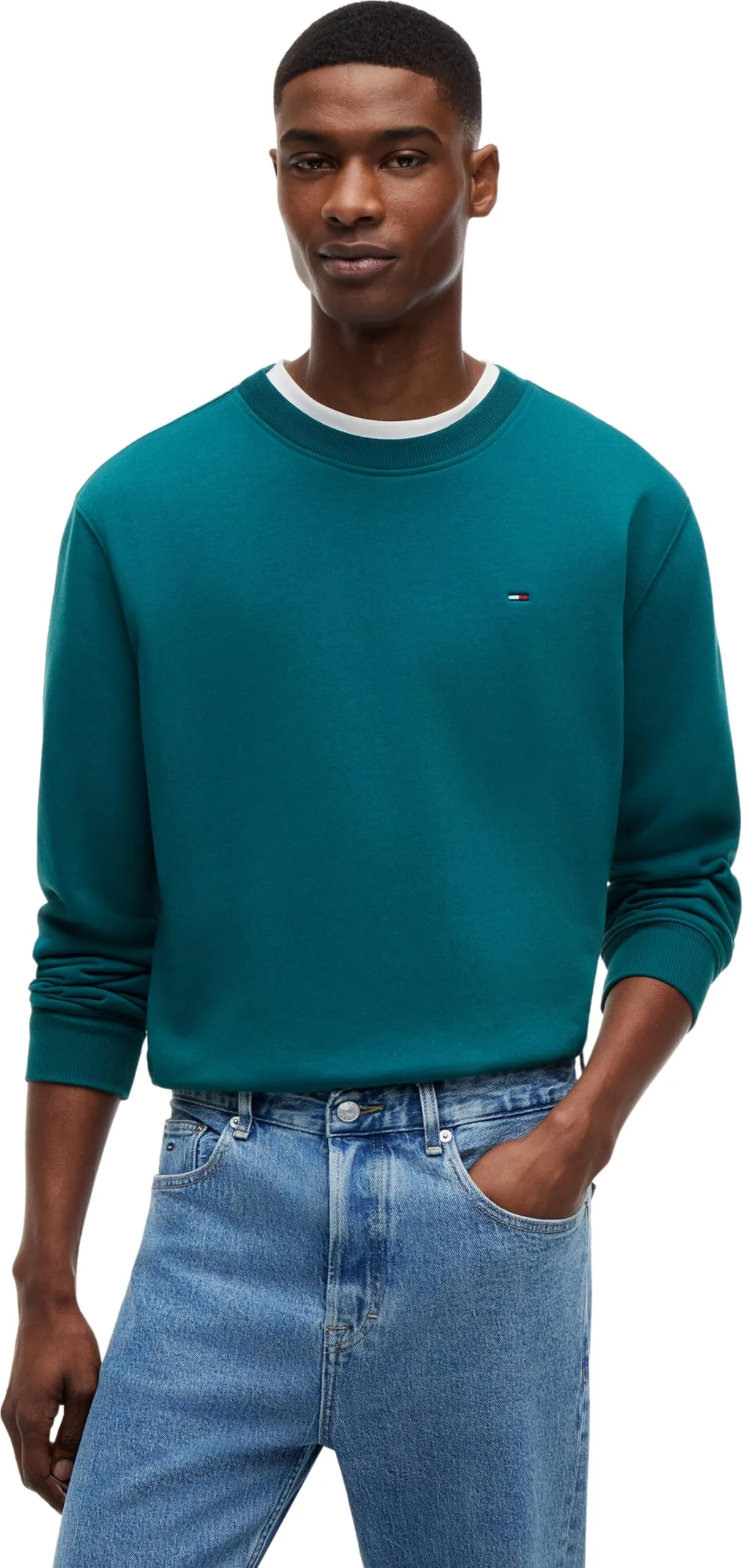 Tommy Jeans Uomo Felpa Regular Fit Flag Fleece Scollo Rotondo, Blu (Polar Teal), M - immagine 1
