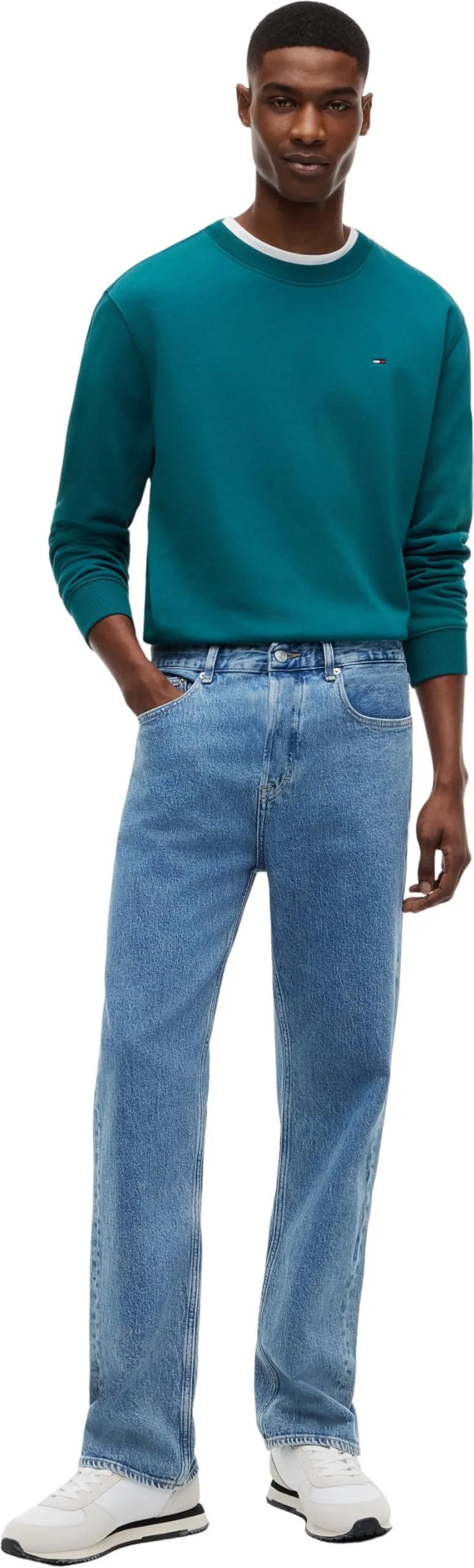 Tommy Jeans Uomo Felpa Regular Fit Flag Fleece Scollo Rotondo, Blu (Polar Teal), M - immagine 4