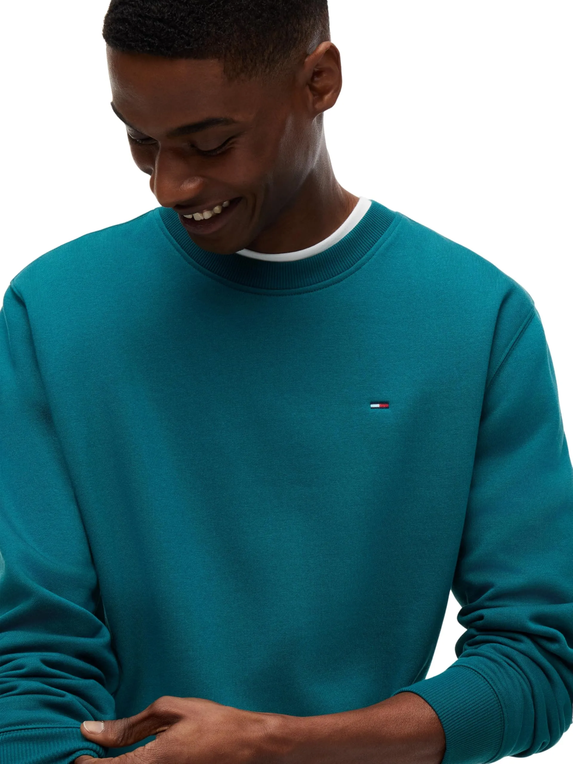 Tommy Jeans Uomo Felpa Regular Fit Flag Fleece Scollo Rotondo, Blu (Polar Teal), XL - immagine 3