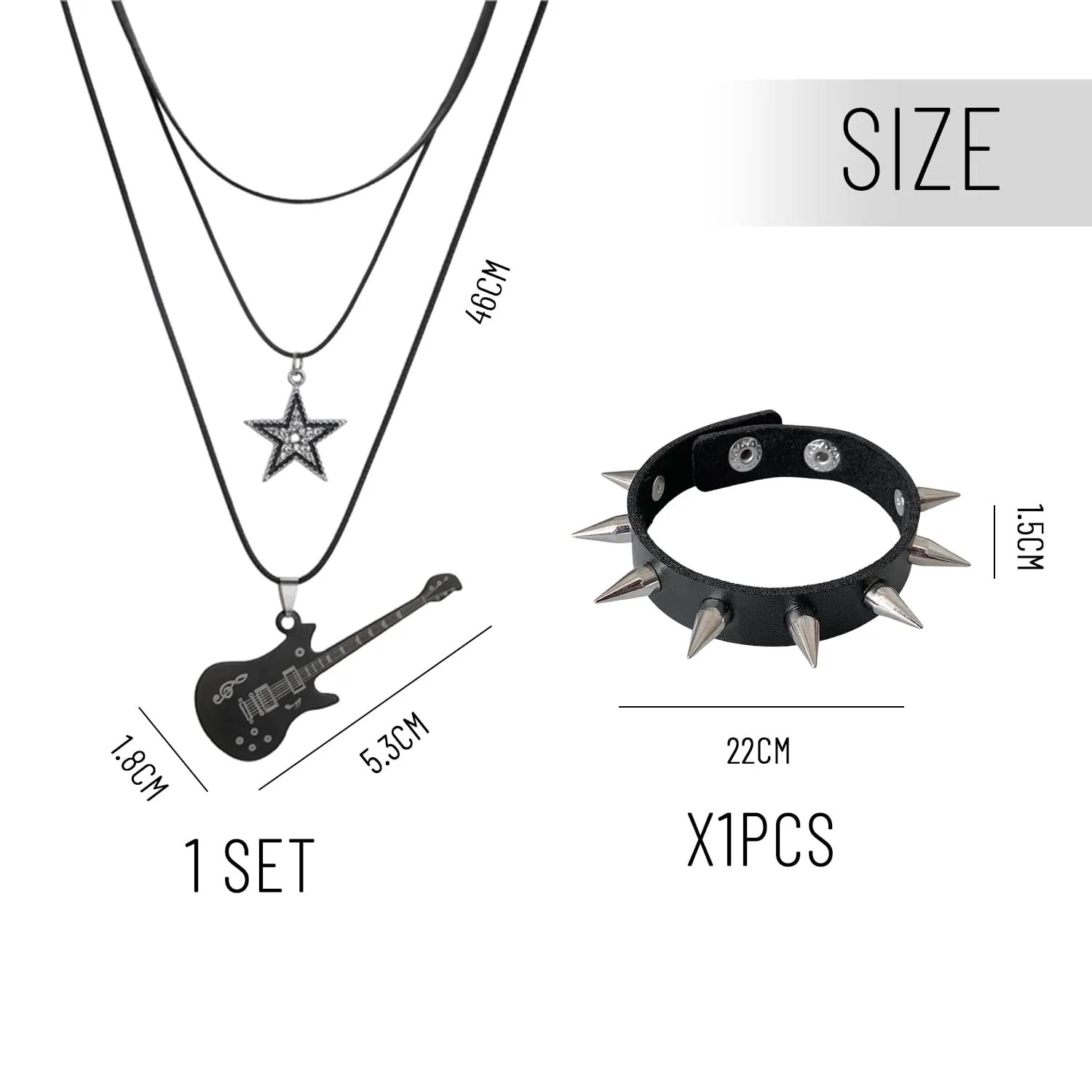 DUINIU Collana Punk per Chitarra 3 Pezzi E 1 Braccialetto, Catena A Stella Multistrato, Gioielli Rock per Uomo E Donna, Accessori retrò. - immagine 2
