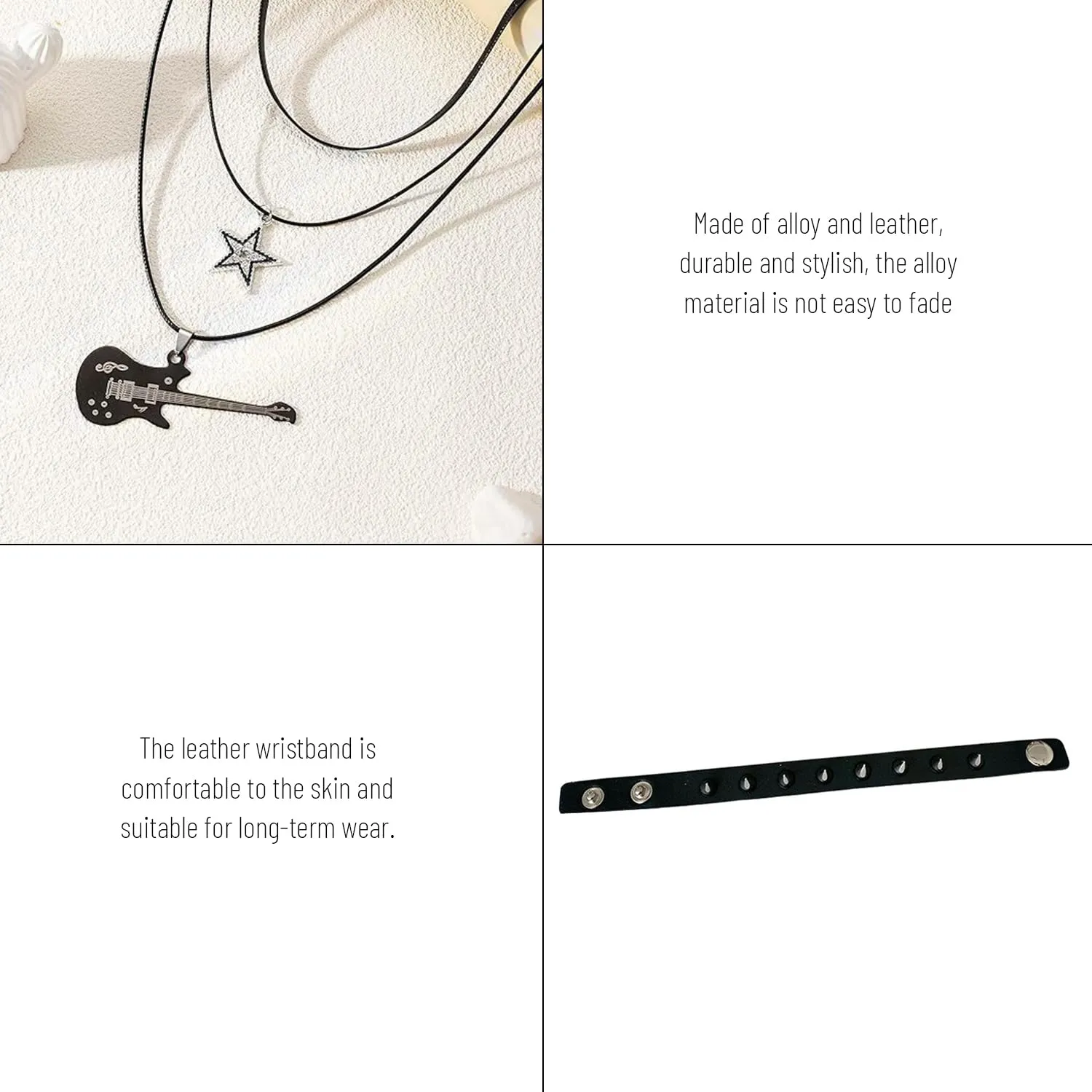 DUINIU Collana Punk per Chitarra 3 Pezzi E 1 Braccialetto, Catena A Stella Multistrato, Gioielli Rock per Uomo E Donna, Accessori retrò. - immagine 3
