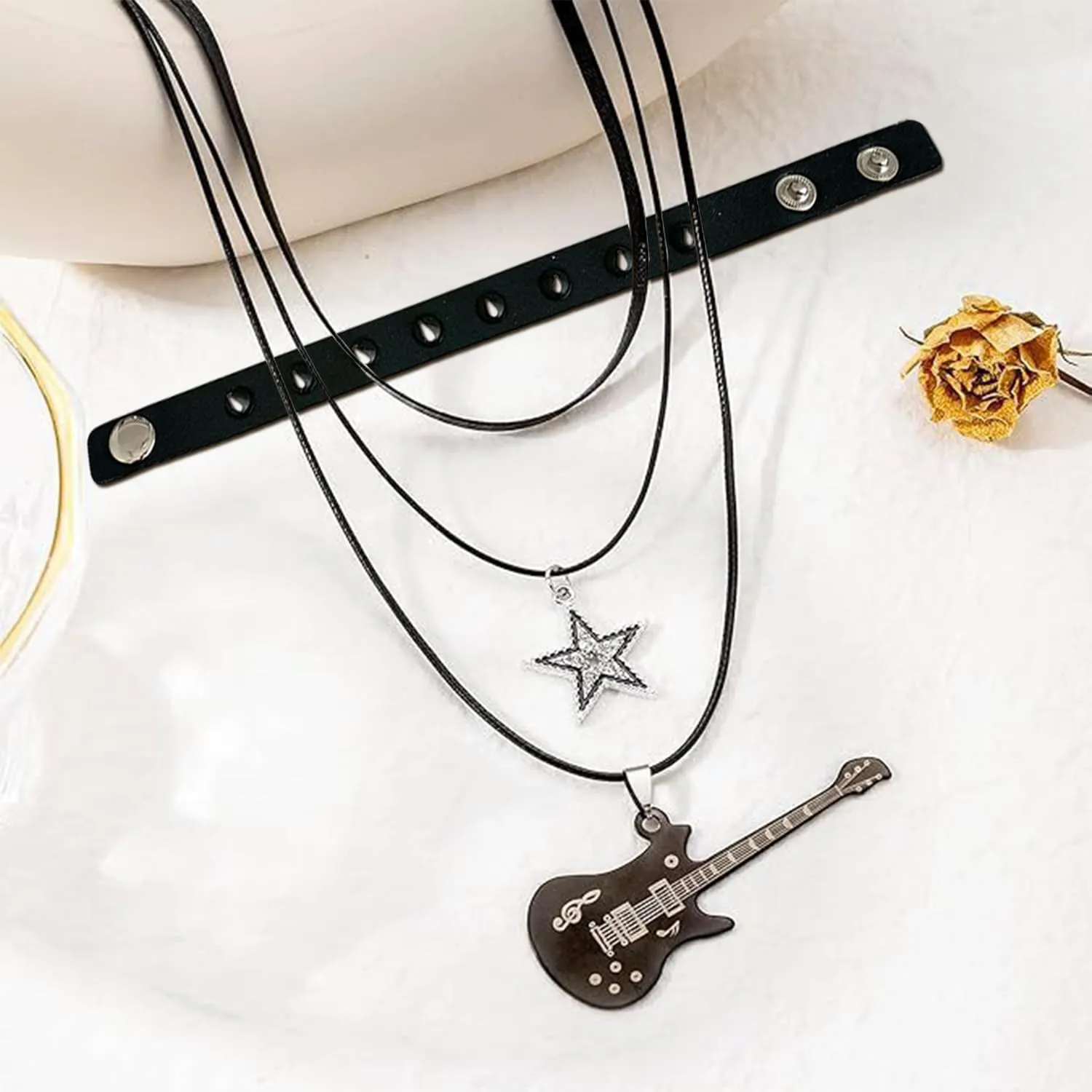 DUINIU Collana Punk per Chitarra 3 Pezzi E 1 Braccialetto, Catena A Stella Multistrato, Gioielli Rock per Uomo E Donna, Accessori retrò. - immagine 6