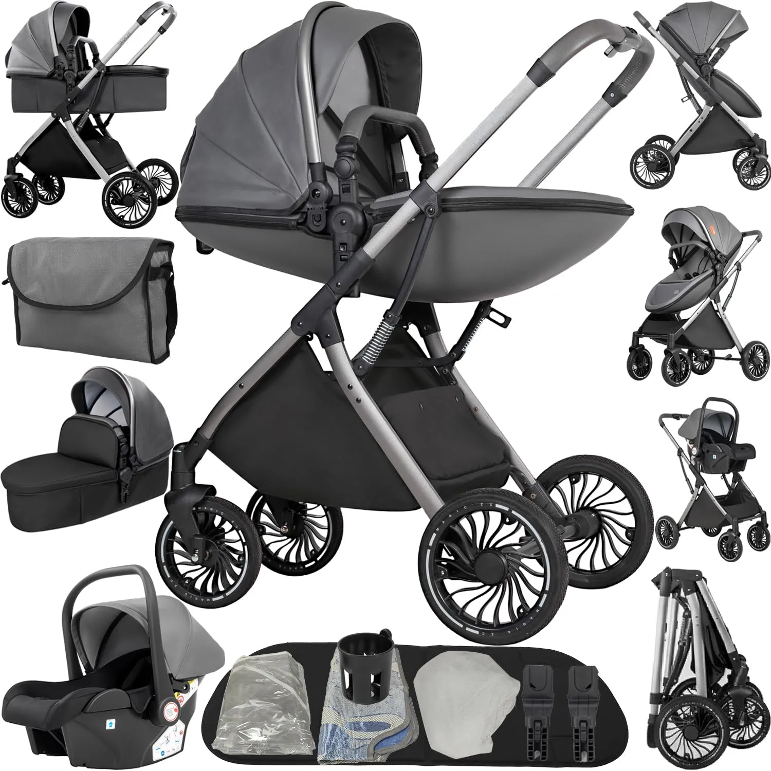 Reenborn Passeggino 4 in 1, Passeggino Trio con Due Modi Reversibili Spingere, Trio con Telaio Alluminio Paesaggistico Alto, Trio Neonati con Design Pieghevole in Un Clic (688 Deep Grey) - immagine 1