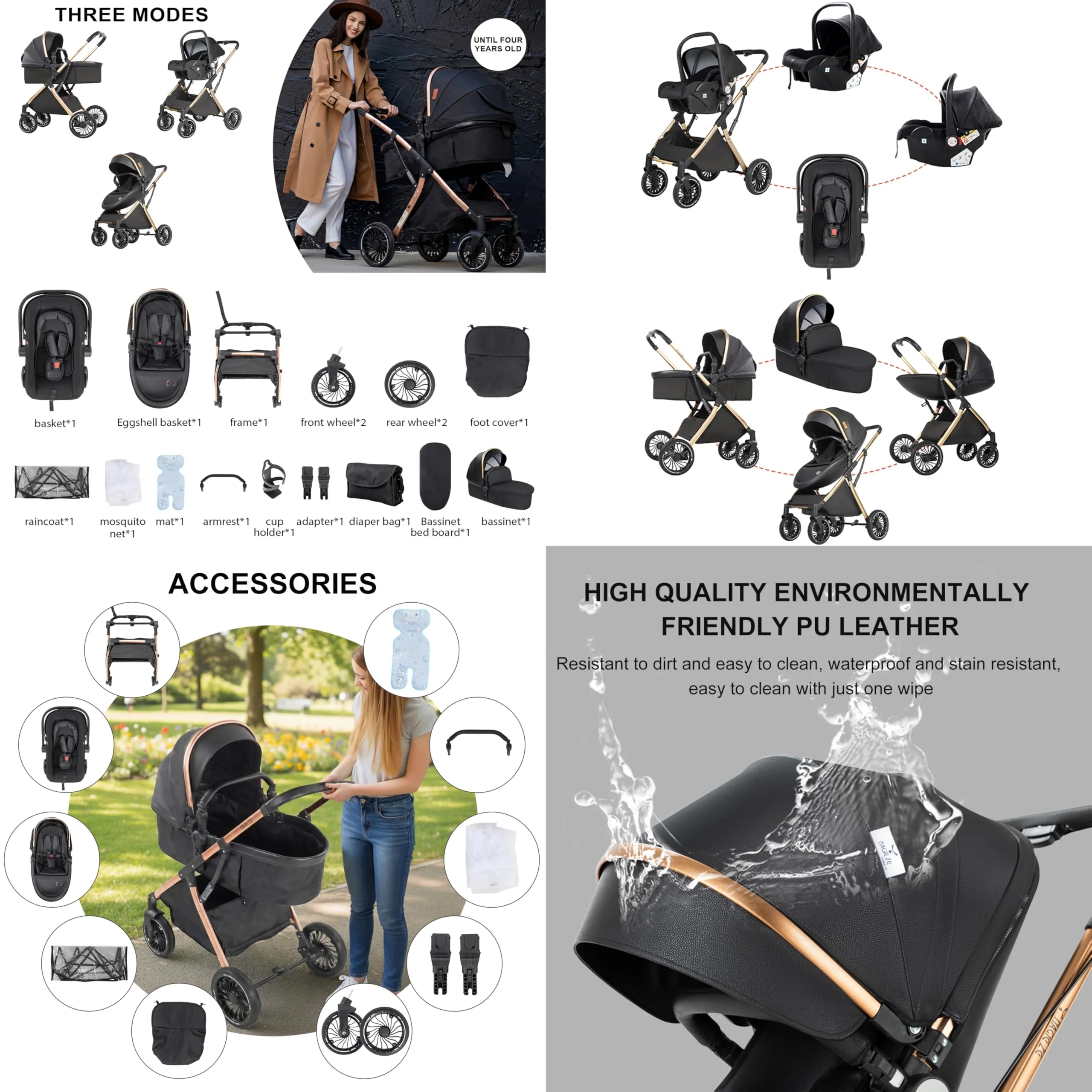 Reenborn Passeggino 4 in 1, Passeggino Trio con Due Modi Reversibili Spingere, Trio con Telaio Alluminio Paesaggistico Alto, Trio Neonati con Design Pieghevole in Un Clic (688 Deep Grey) - immagine 2