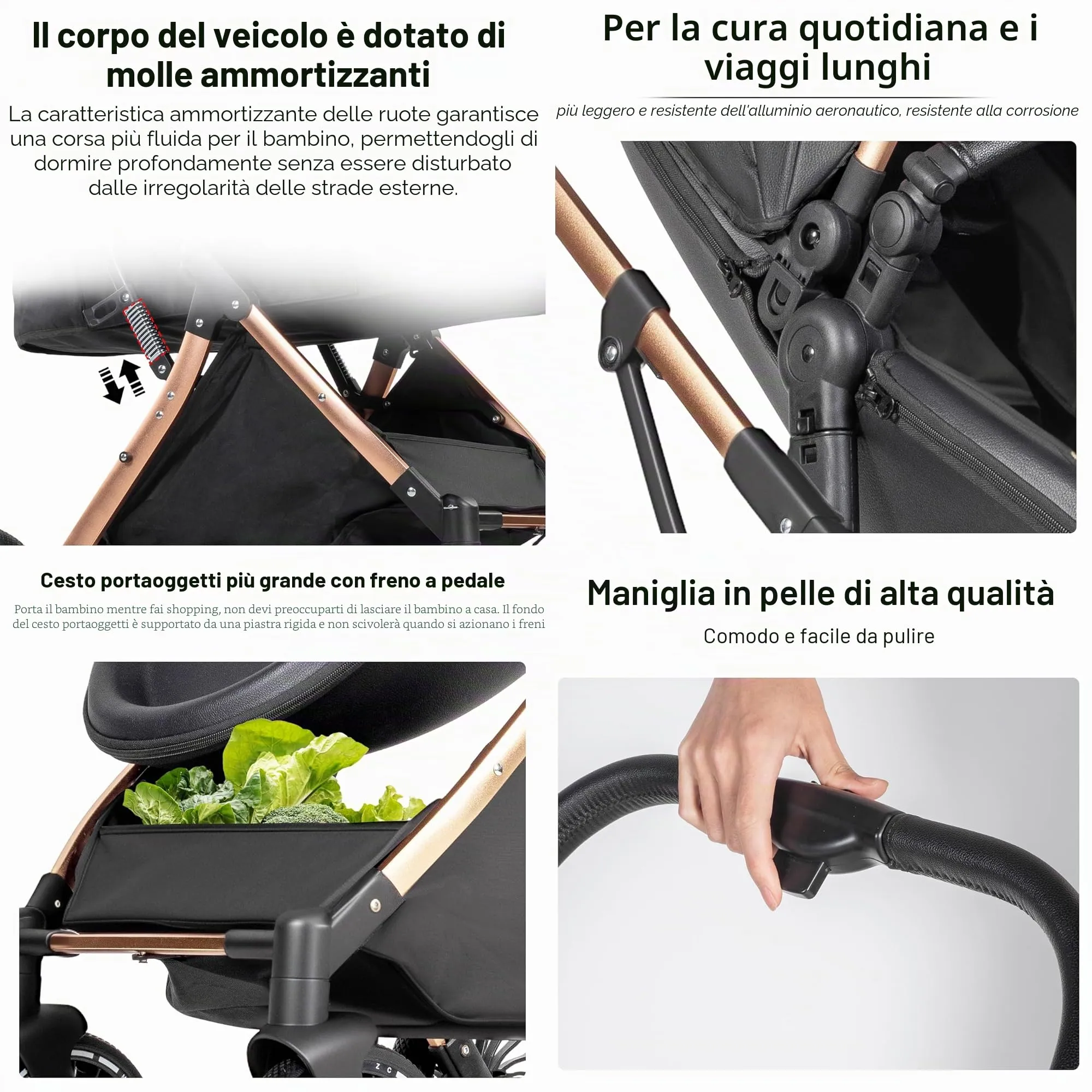 Reenborn Passeggino 4 in 1, Passeggino Trio con Due Modi Reversibili Spingere, Trio con Telaio Alluminio Paesaggistico Alto, Trio Neonati con Design Pieghevole in Un Clic (688 Deep Grey) - immagine 5