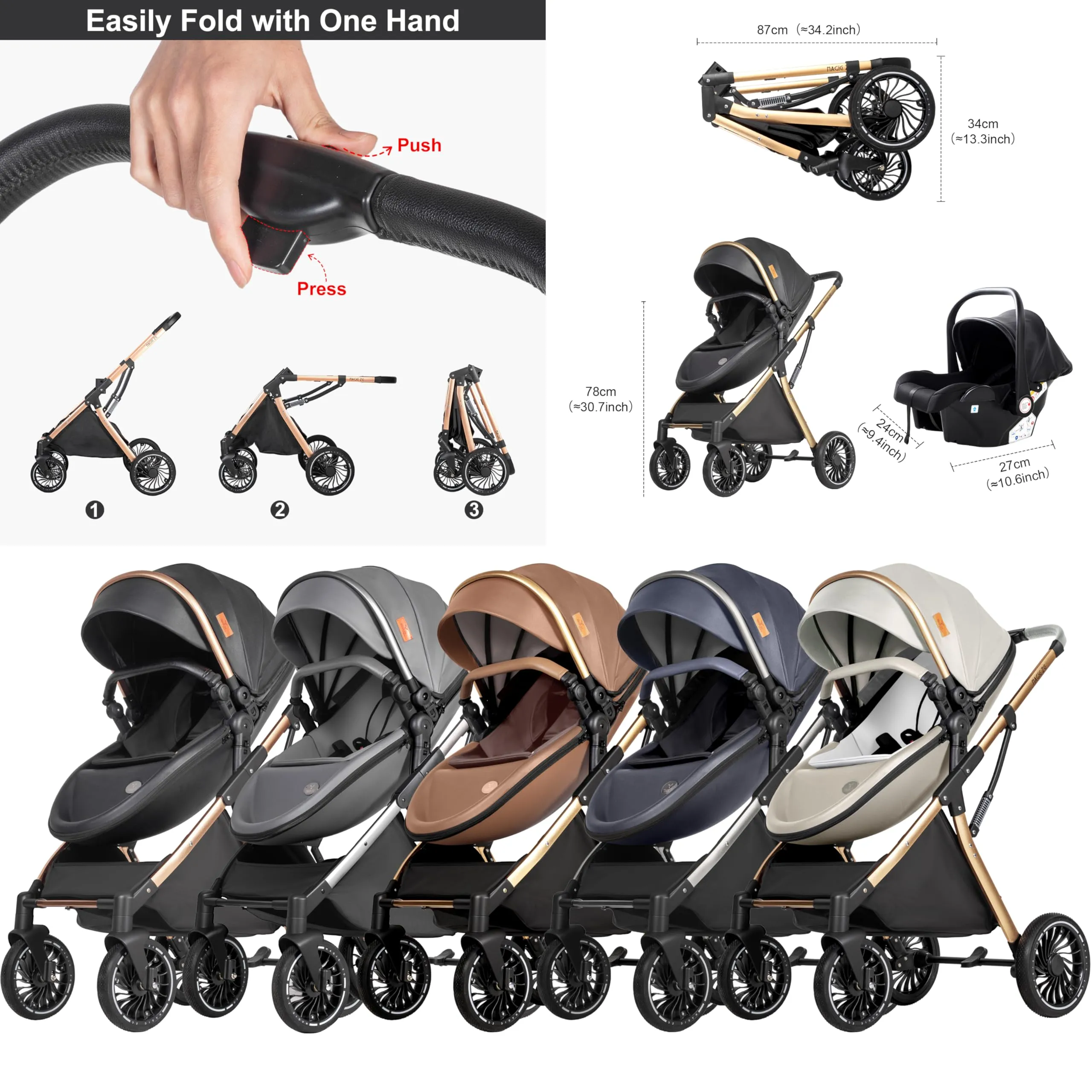 Reenborn Passeggino 4 in 1, Passeggino Trio con Due Modi Reversibili Spingere, Trio con Telaio Alluminio Paesaggistico Alto, Trio Neonati con Design Pieghevole in Un Clic (688 Deep Grey) - immagine 6