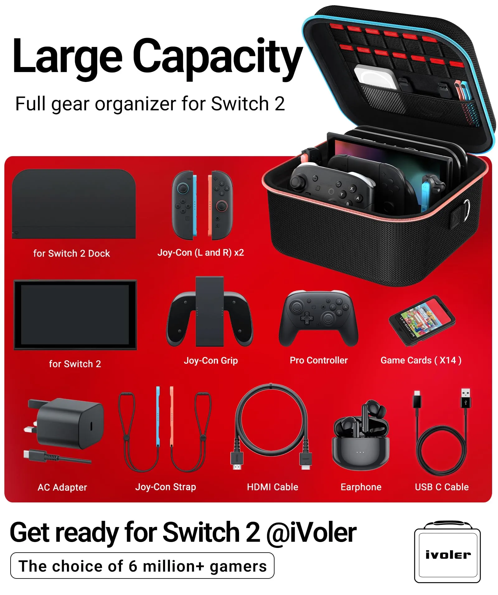 iVoler Custodia di Trasporto compatibile con Nintendo Switch/Nintendo Switch 2, Case da Viaggio Rigido Deluxe per Console Switch e Altri Accessori (Nero, Switch 2, Compatto) - immagine 3