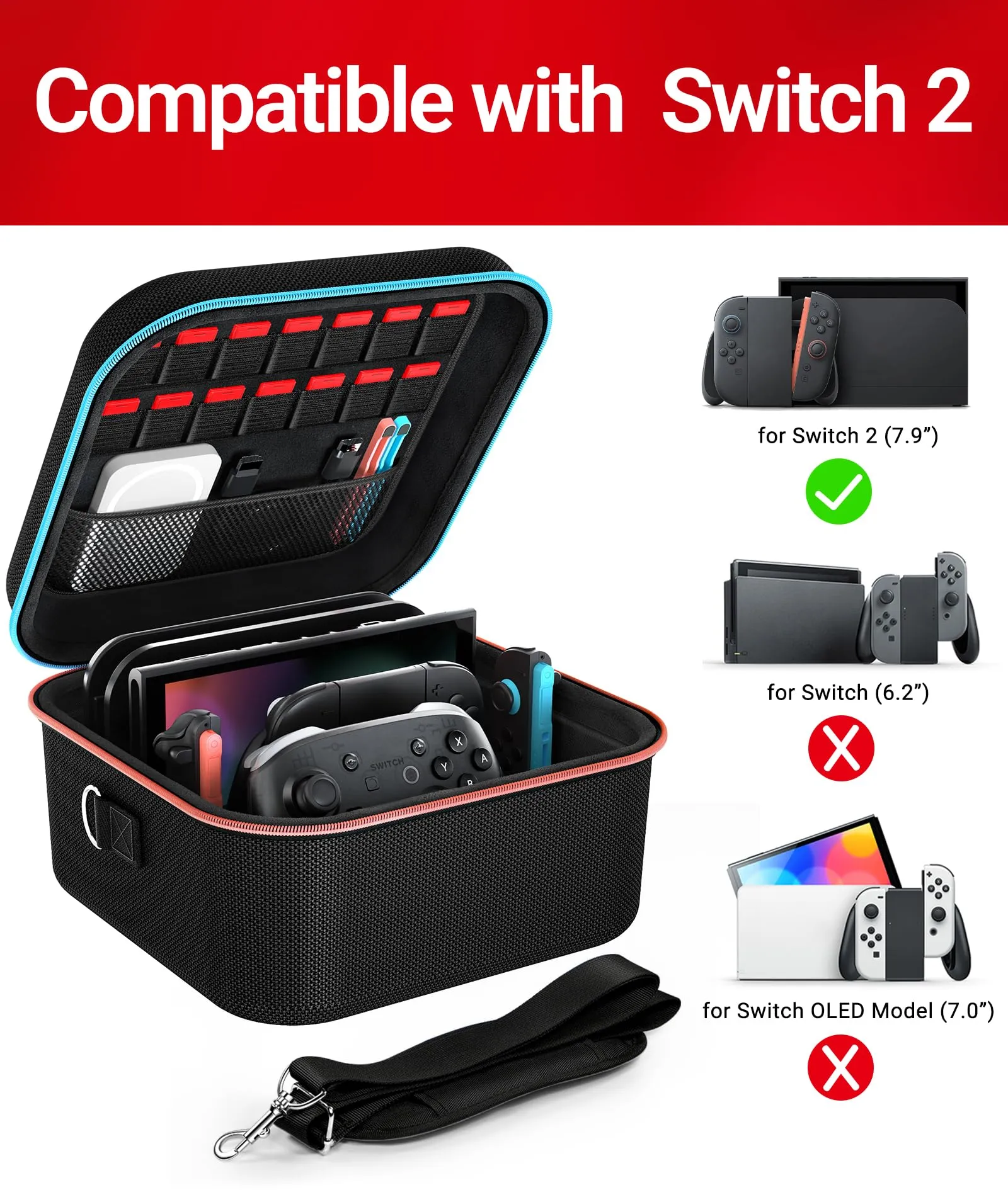 iVoler Custodia di Trasporto compatibile con Nintendo Switch/Nintendo Switch 2, Case da Viaggio Rigido Deluxe per Console Switch e Altri Accessori (Nero, Switch 2, Compatto) - immagine 5