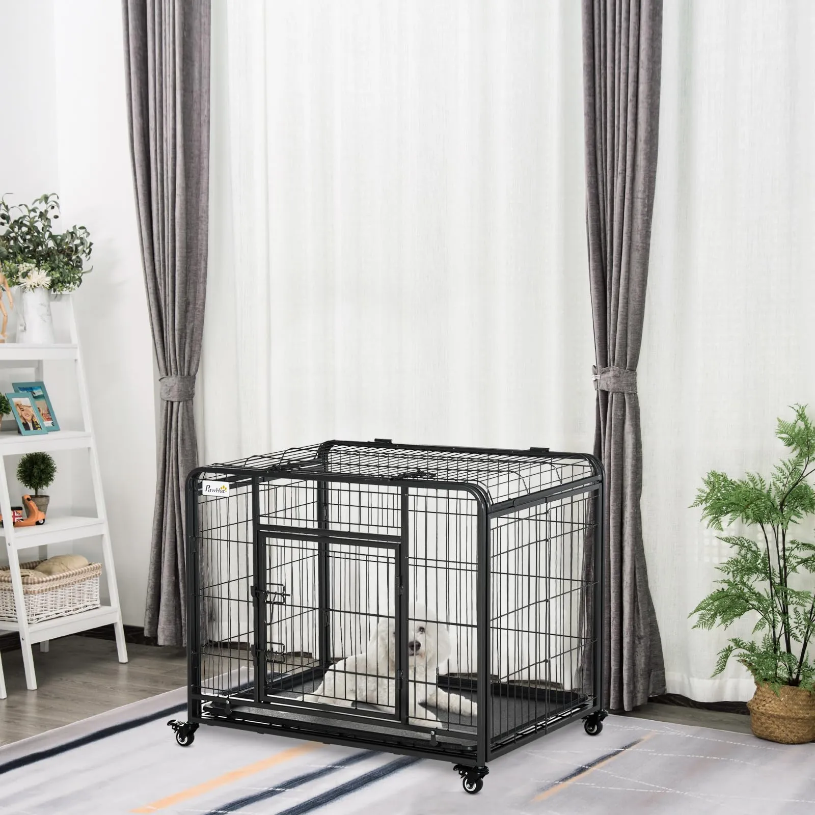 PawHut Kennel Gabbia per Cani Pieghevole, 94x58x69.5 cm, Grigio Scuro - immagine 2