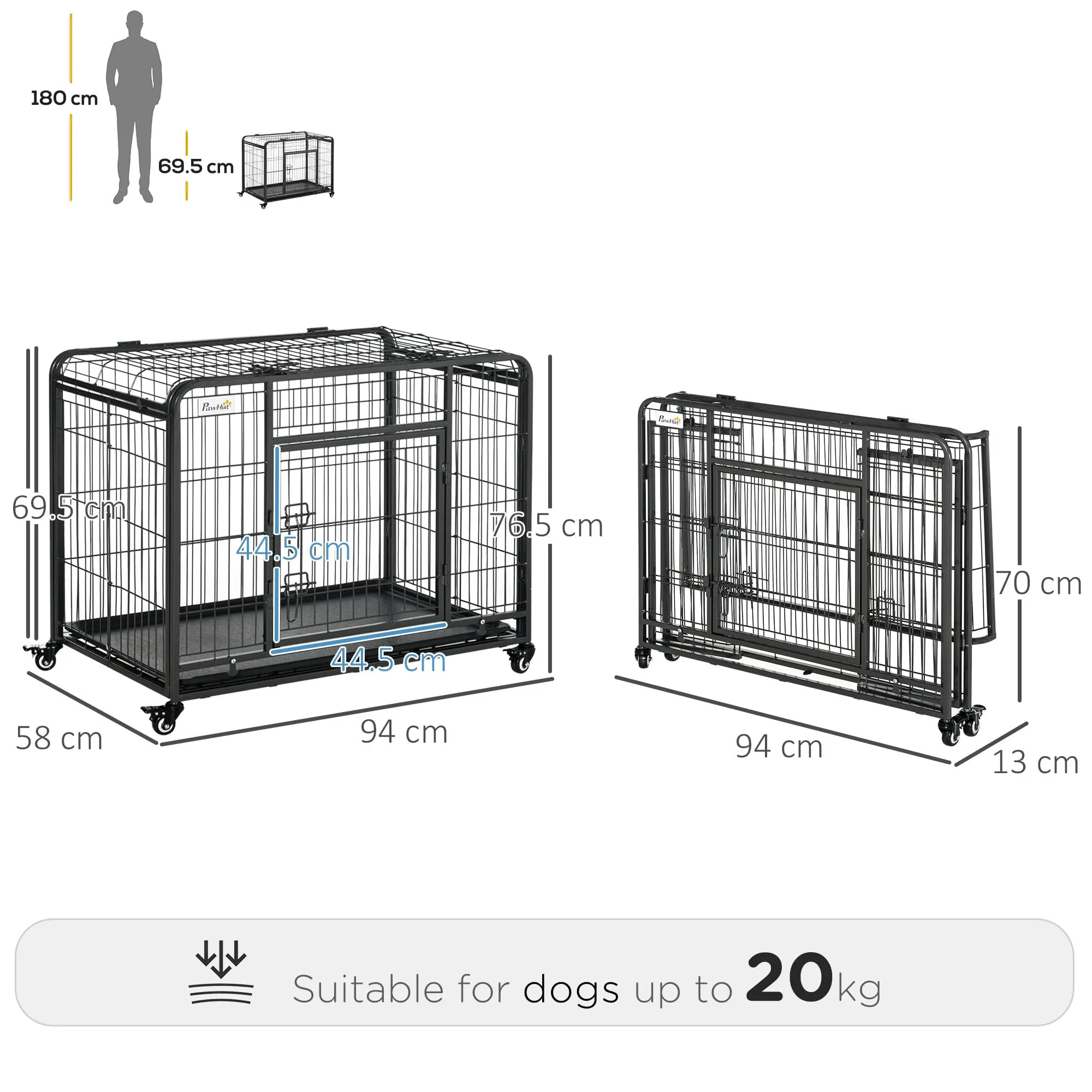 PawHut Kennel Gabbia per Cani Pieghevole, 94x58x69.5 cm, Grigio Scuro - immagine 7